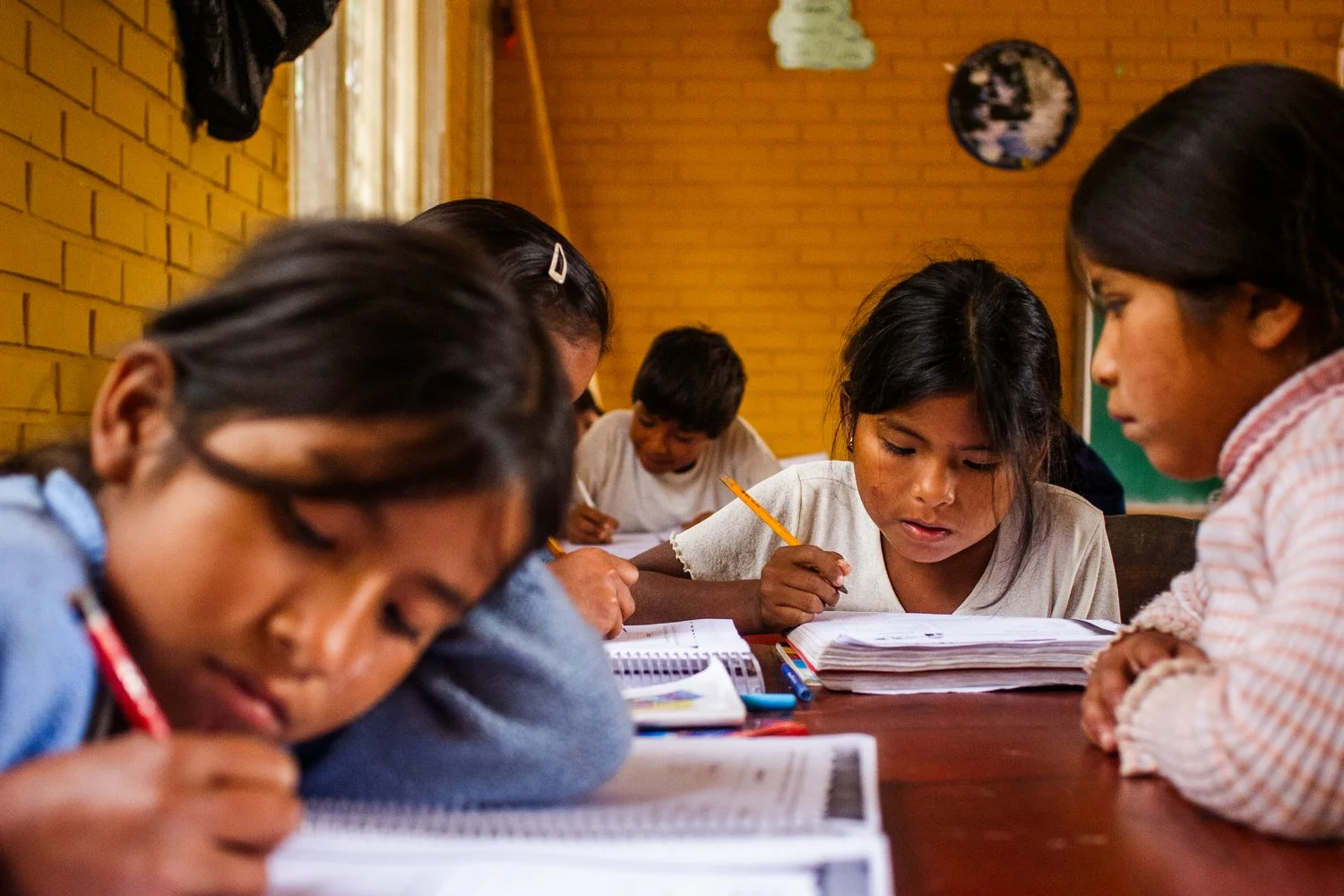 The children of coca growers study on August 9, 2005 at Puerto Aroma School in the Chapare of Cochabamba, Bolivia.