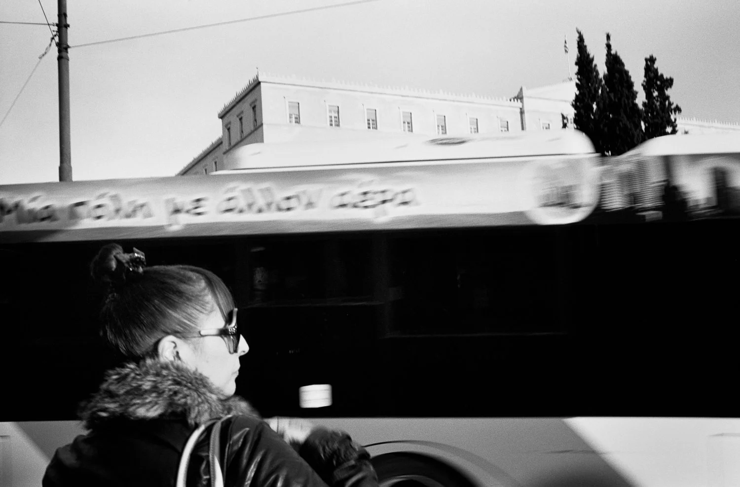 A bus speeds through the center of Athens, Greece on March 8, 2012.