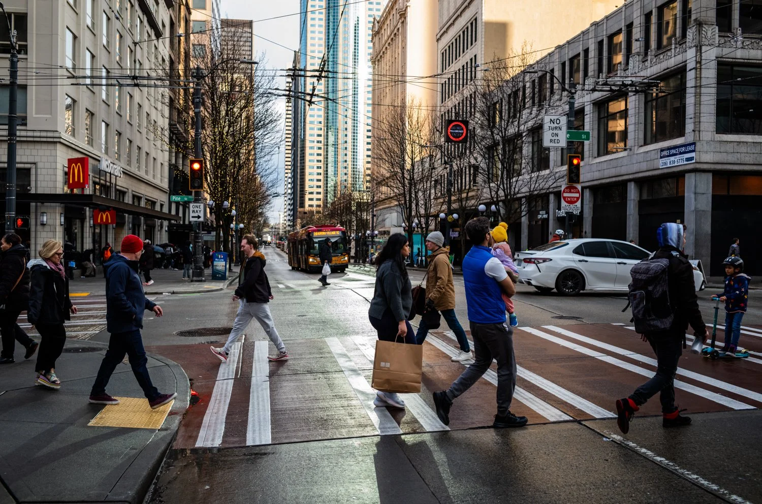 Third Avenue and Pine Street, or The Blade area of downtown, in Seattle, Washington, USA on March 28, 2025.