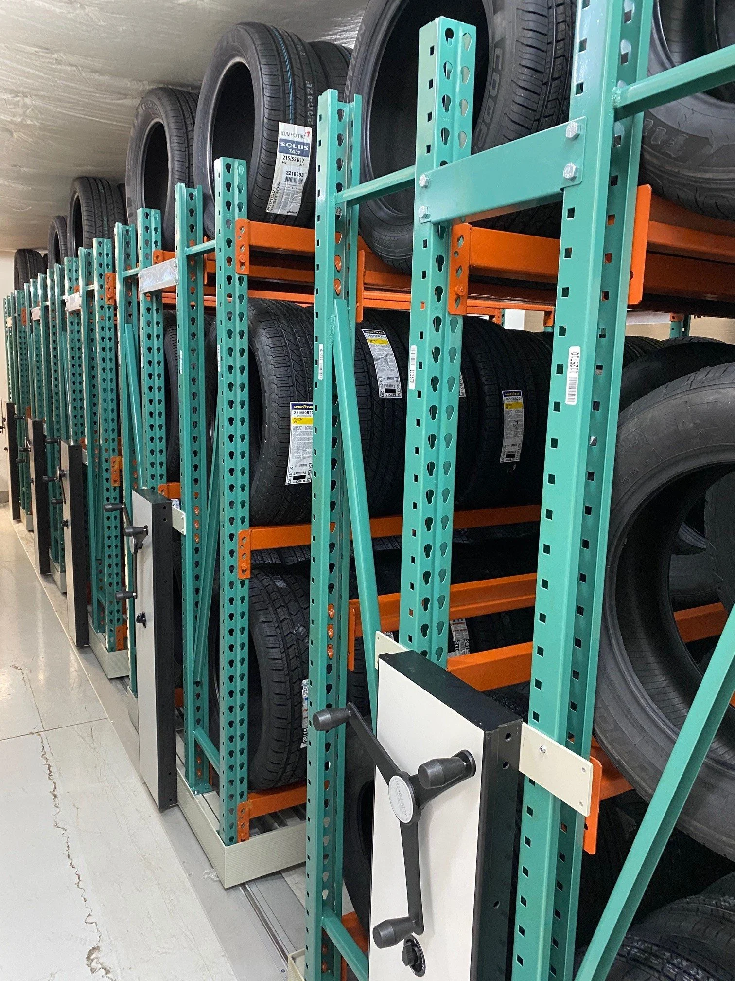 High-density mobile tire storage racking system for commercial storage
