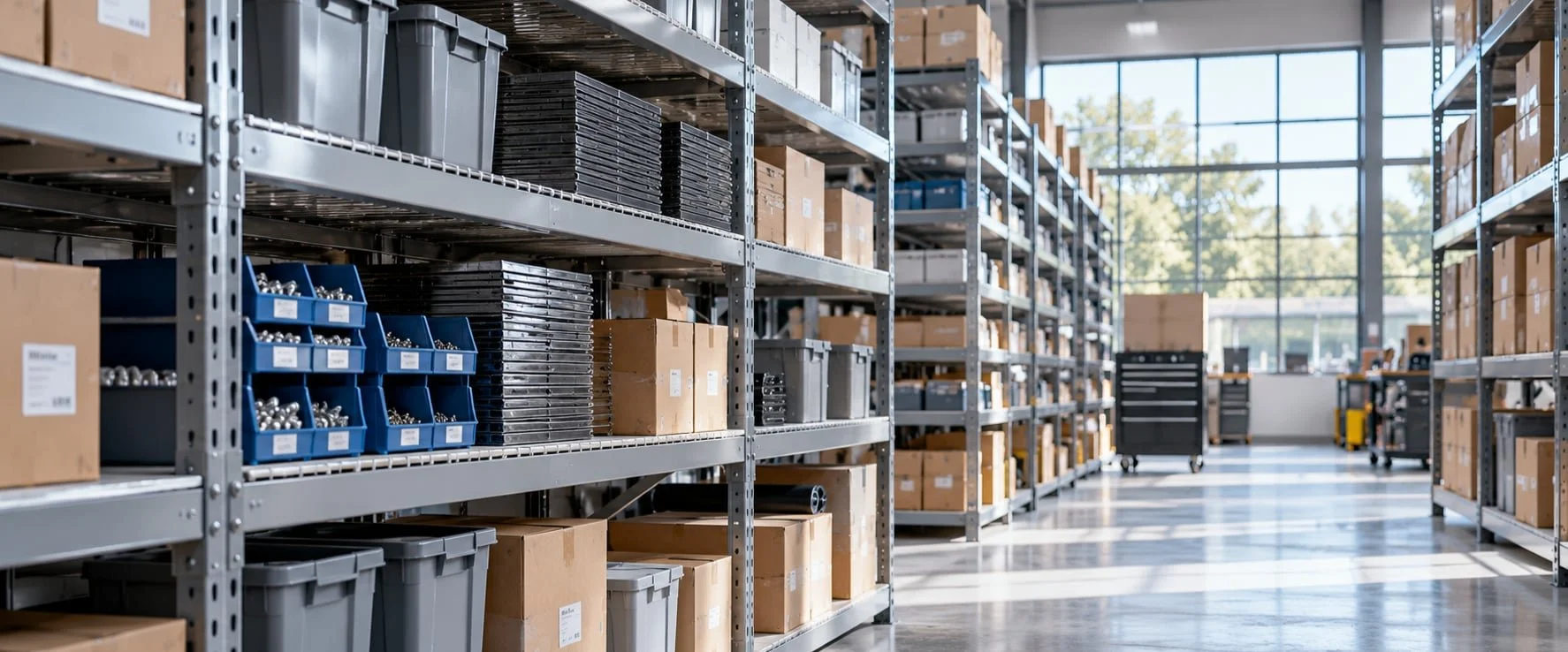 Industrial metal shelving used for organized parts and commercial warehouse storage