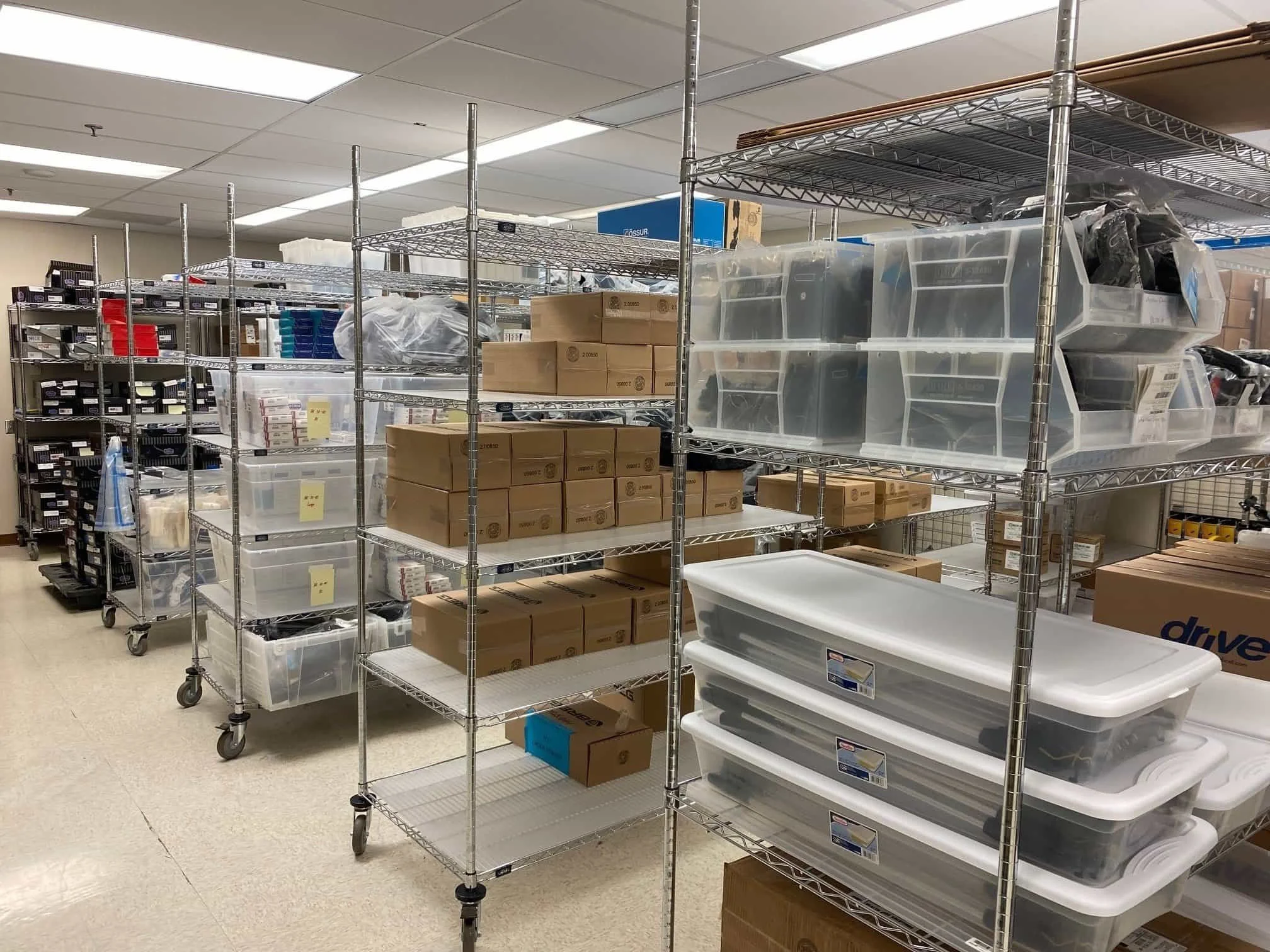 Chrome wire shelving and mobile storage racks installed in a commercial facility