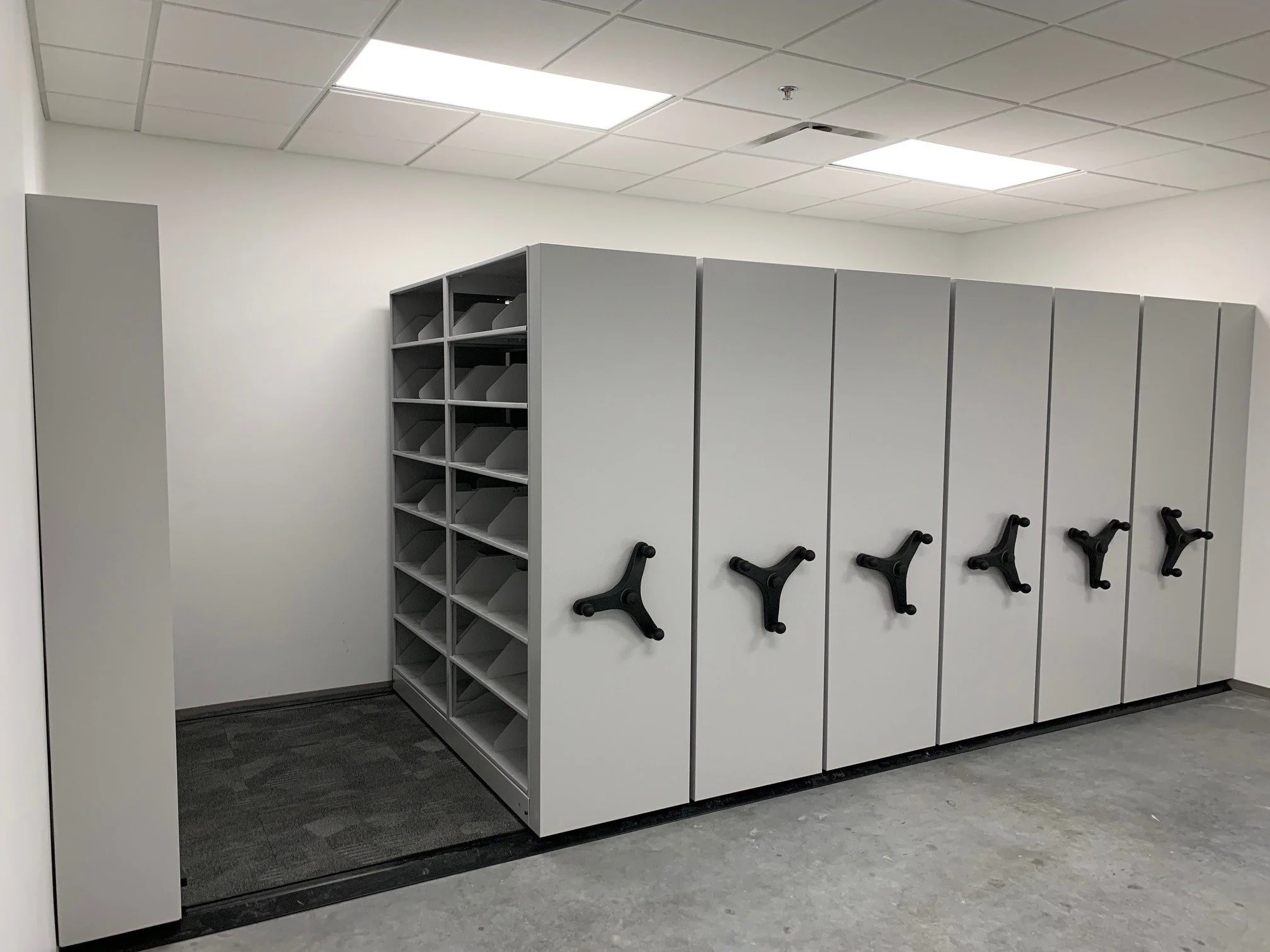 High-density mobile storage system installed in a commercial facility