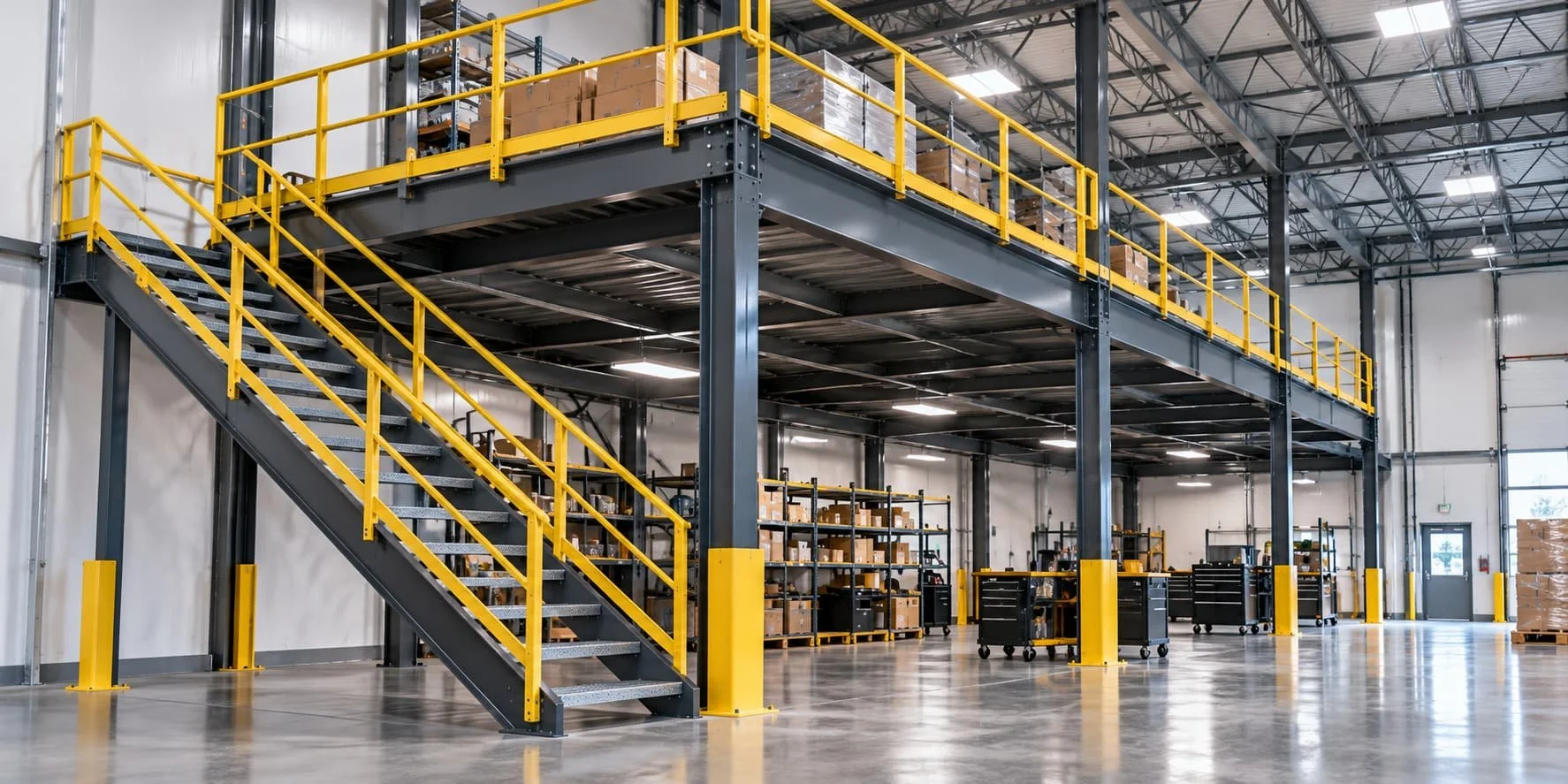 Steel industrial mezzanine with stairs and safety railings installed inside a commercial warehouse