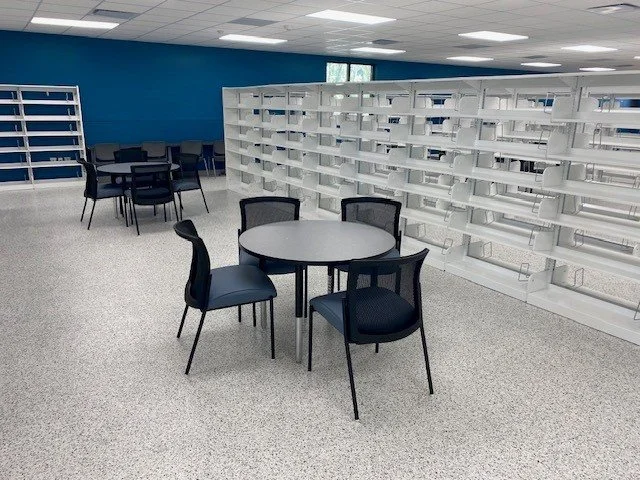 Commercial library shelving system installed for organized book storage