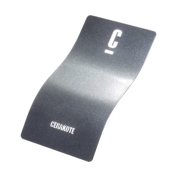 Cerakote finish sample in metallic gray color, curved shape