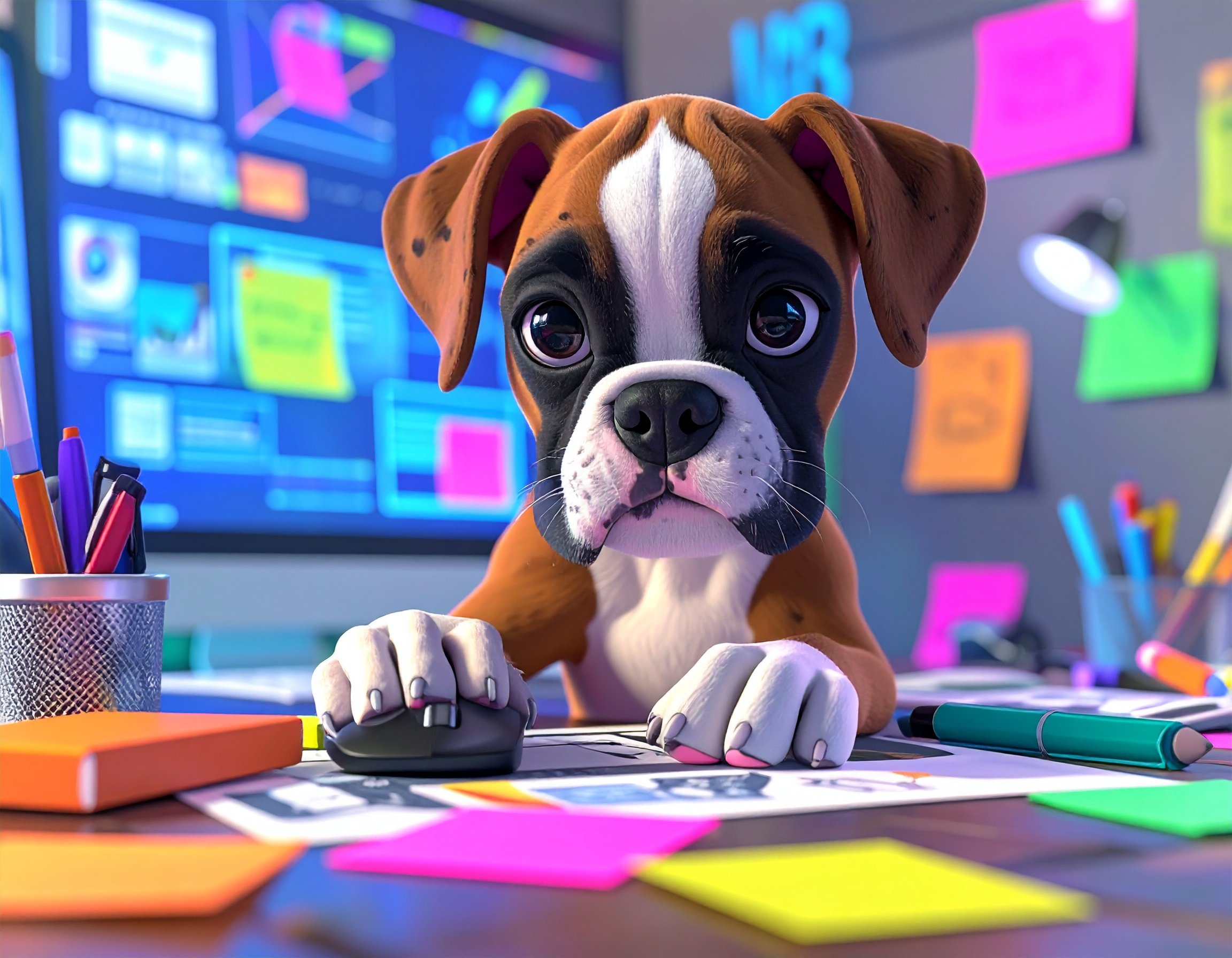 Boxer puppy working as a graphic designer creating a new website