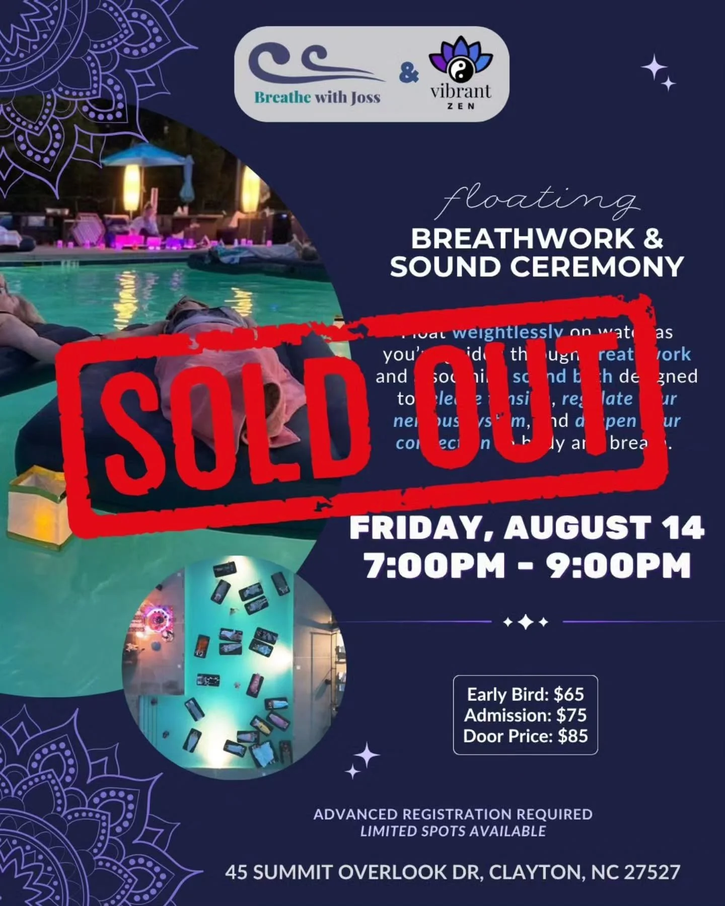 SOLD OUT 🌊💜

Thank you SO much to everyone who joined us tonight for our Floating Breathwork &amp; Sound Ceremony! 

Another beautiful evening on the water and a completely full pool ✨

If you missed this one, our next outdoor float is officially o
