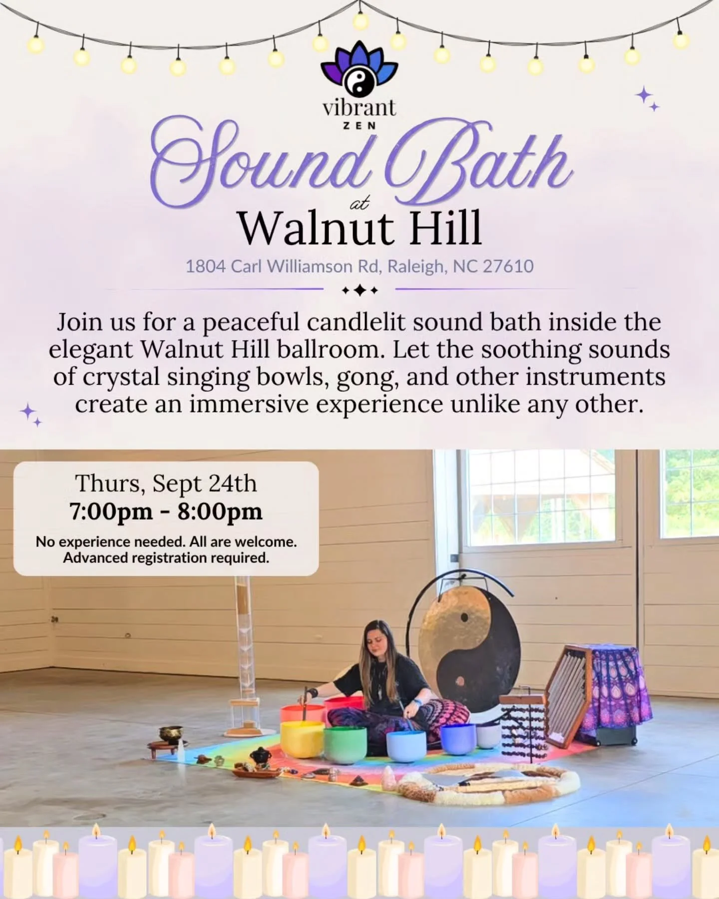 OKAYYYY, HERE IT IS 👀💜

Yesterday I gave you a little sneak peek...and now I can officially announce that Vibrant Zen is coming to Walnut Hill! ✨

This space is BEAUTIFUL and I cannot wait to fill it with sound.

Join us for a peaceful, candlelit 6