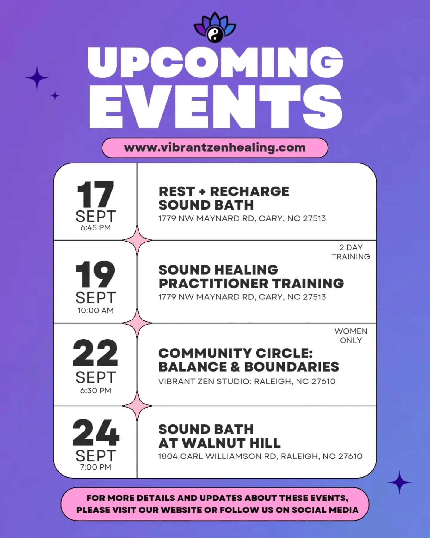 Fall is almost here, and with it comes a whole new season of Vibrant Zen experiences 🍂💜

Over the next several weeks, we&rsquo;re moving from our final outdoor experiences into cozy indoor sound baths, community gatherings, trainings, a brand new s