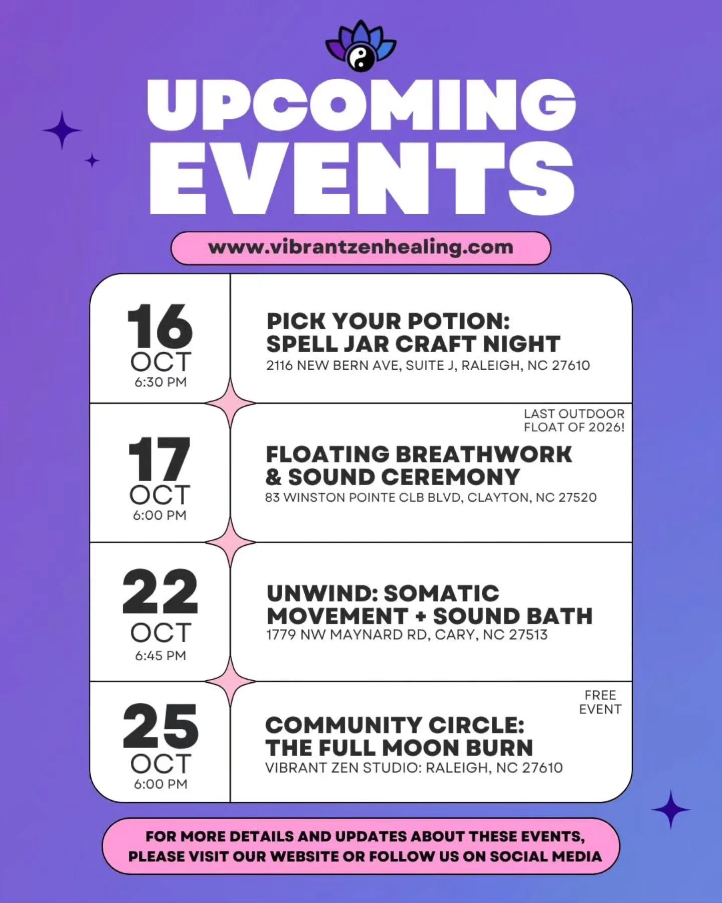A little something different is happening at Vibrant Zen this October! 💜🍂

I've been wanting to bring more variety, creativity, and opportunities for connection into what I offer, and these next four events are a pretty good reflection of that.

🔮