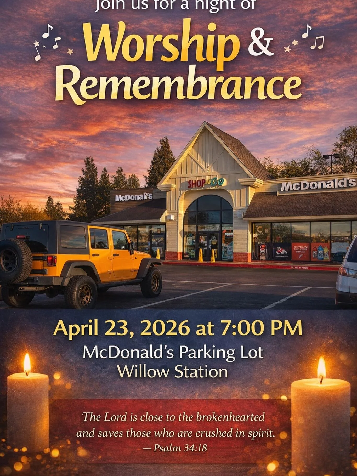 Tomorrow at 7pm, 🎶🙏🏽we&rsquo;re taking worship music to the streets! The year anniversary after a teen was killed at McDonalds parking lot, we&rsquo;re going back to sing about the One name that still saves, outside! Come out and join us &hellip; 