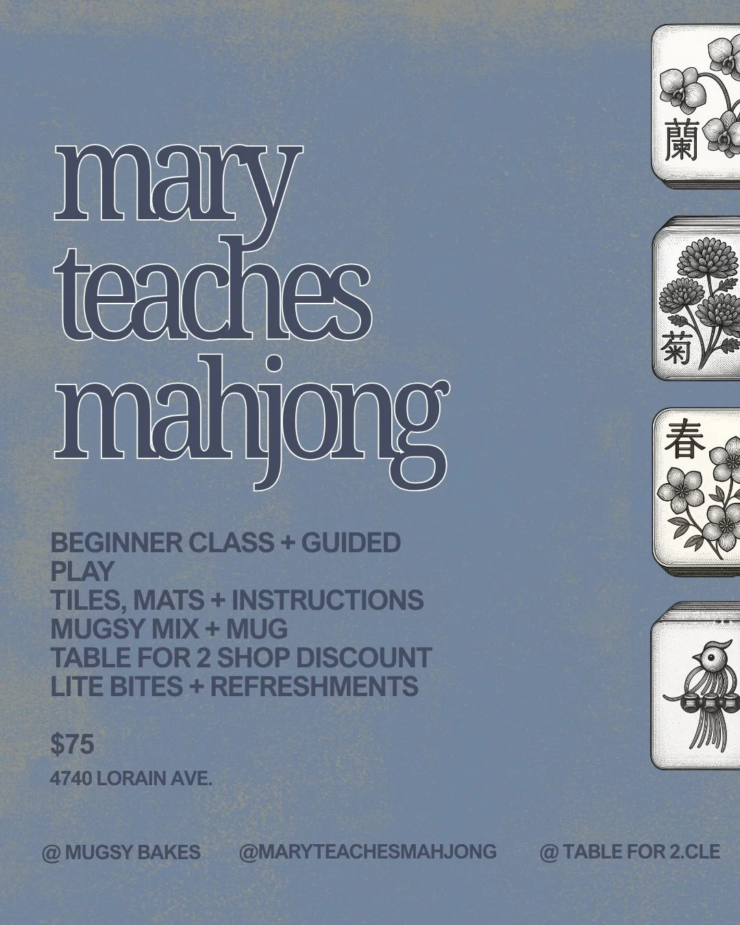 Join us for a beginner mahjong class and guided play event at the shop next Saturday 4/18 from 4-7pm. 
Spots are limited so grab your tickets soon! 

@maryteachesmahjong will provide tiles, mats + instructions. Never played mahjong? No problem! This 