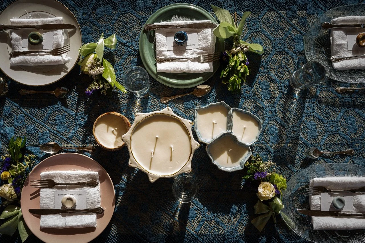 What an honor it was to have our pieces alongside the creations of @m_demko5 + @chef_ec_inclev of @619restaurant for @sante.supperclub
⠀⠀⠀⠀⠀⠀⠀⠀⠀
Featuring hand dyed indigo tablecloths from @maggie.latham candle vessels from our Language of Water coll