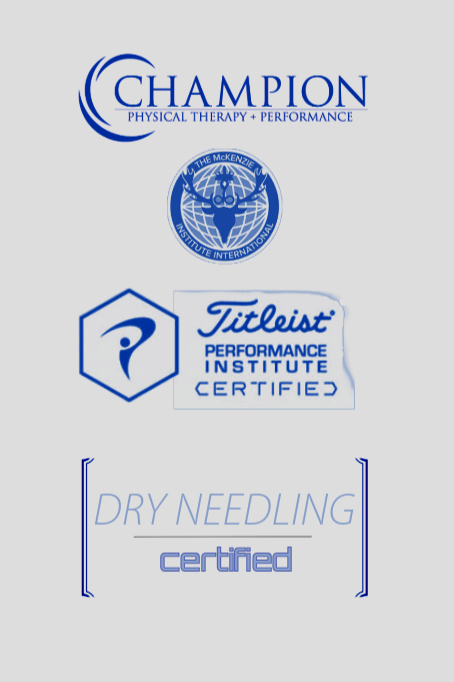 Logos certifying that Elite Physical Therapy is Champion Sports Certified, Mckenzie Method Certified, Titleist Certified, and Dry Needling Certified
