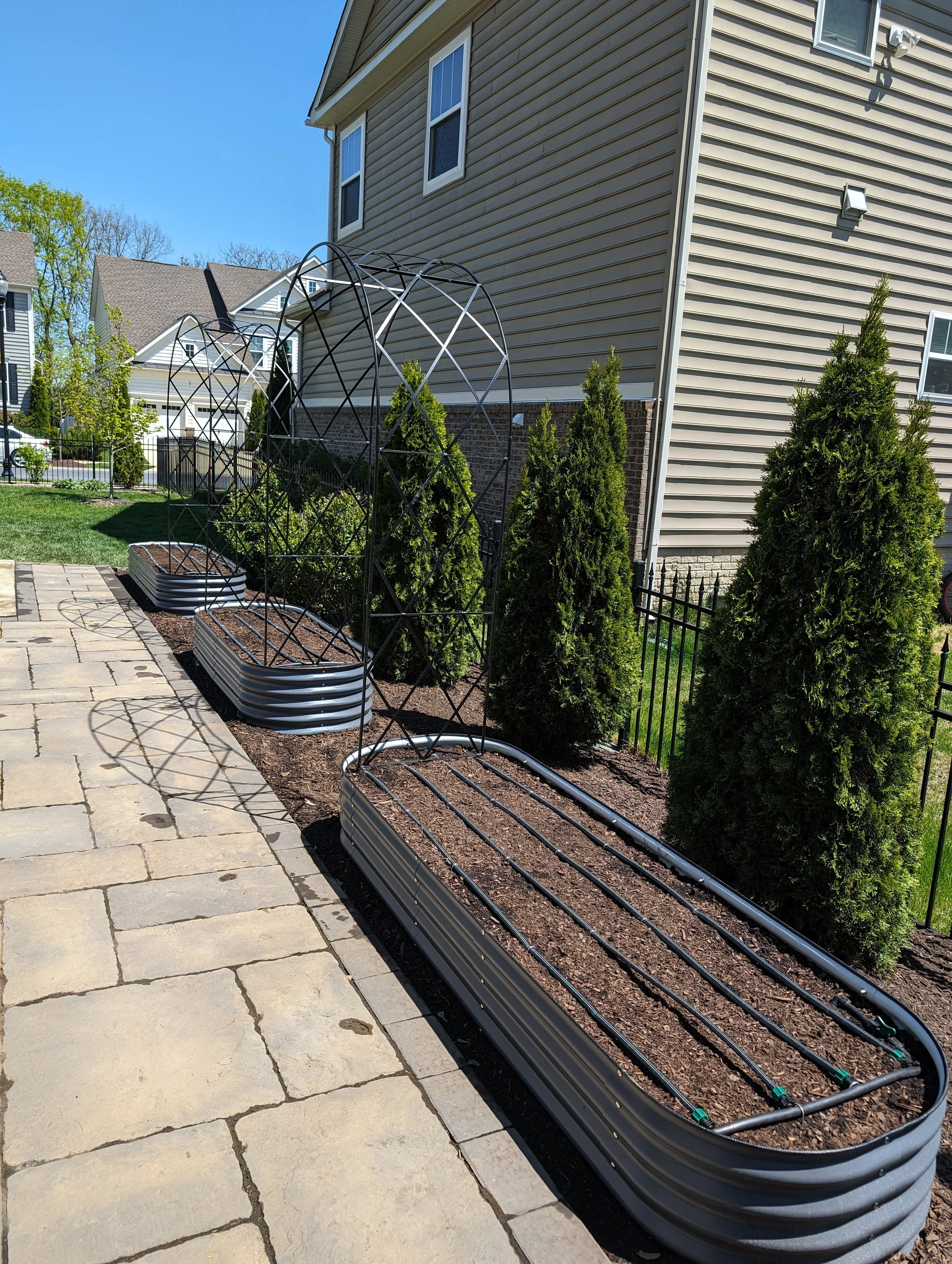 Custom drip irrigation in raised bed garden by Harvested Gardens