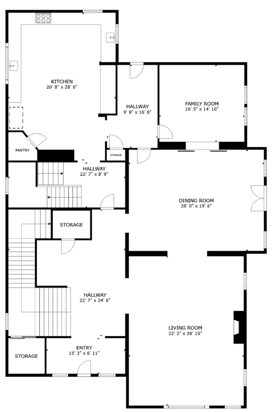 Floor plan of a house with labeled rooms including kitchen, family room, dining room, living room, multiple hallways, storage areas, pantry, and entryway.