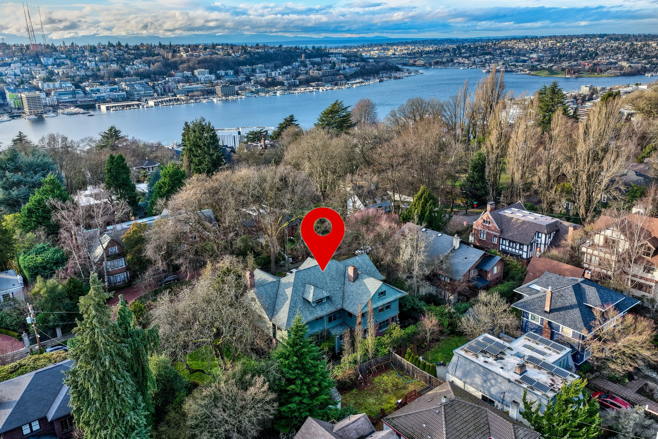 Aerial view of a residential neighborhood with various houses surrounded by trees, a river in the background, and a cityscape across the water.
