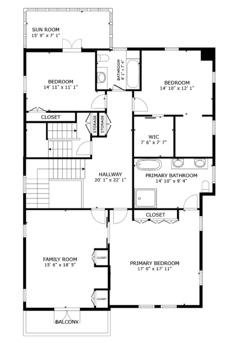 Floor plan of a house with three bedrooms, two bathrooms, a sun room, a family room, a primary bedroom with an en-suite bathroom and walk-in closet, a hallway, storage areas, and a balcony.