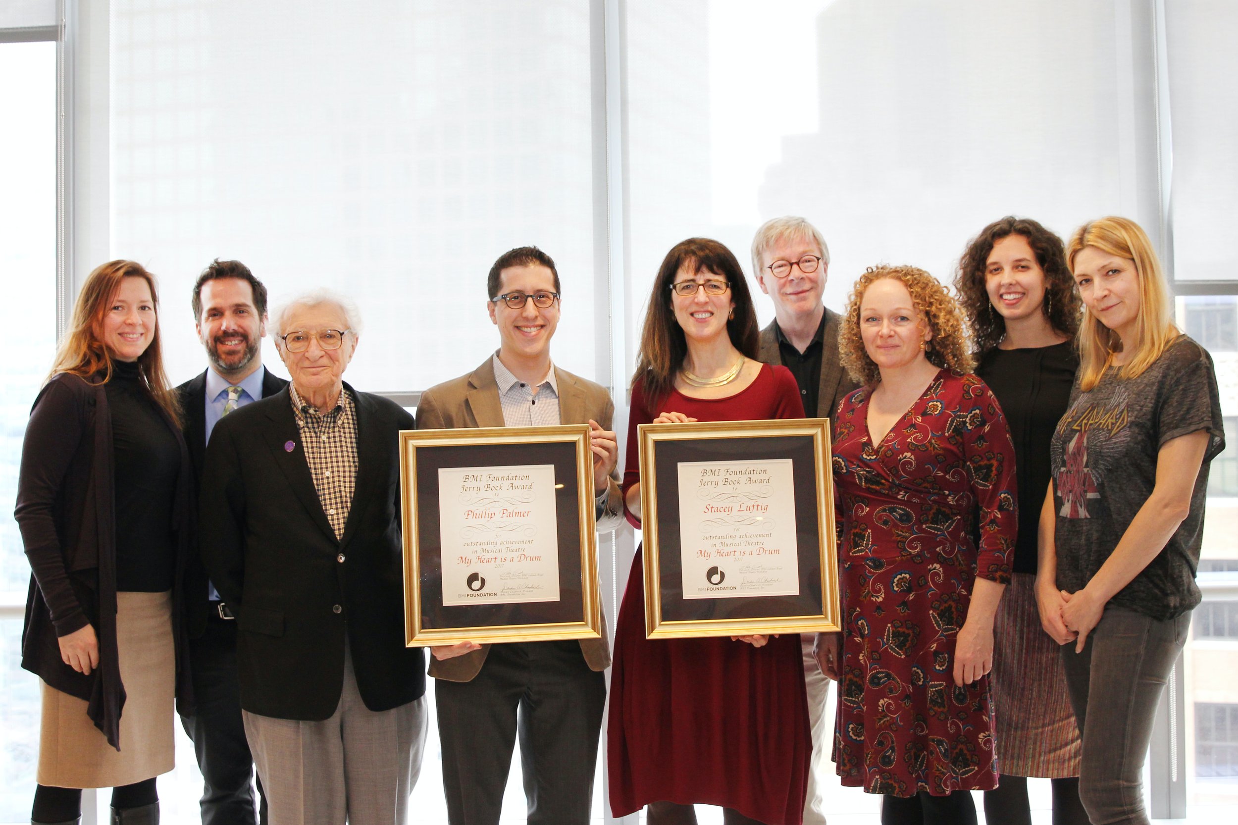 L-R: Antonella DiSaverio, Adam Mathias, Sheldon Harnick, Phillip Palmer, Stacey Luftig, Pat Cook, Deirdre Chadwick, Amanda Charnley, and Samantha Cox.