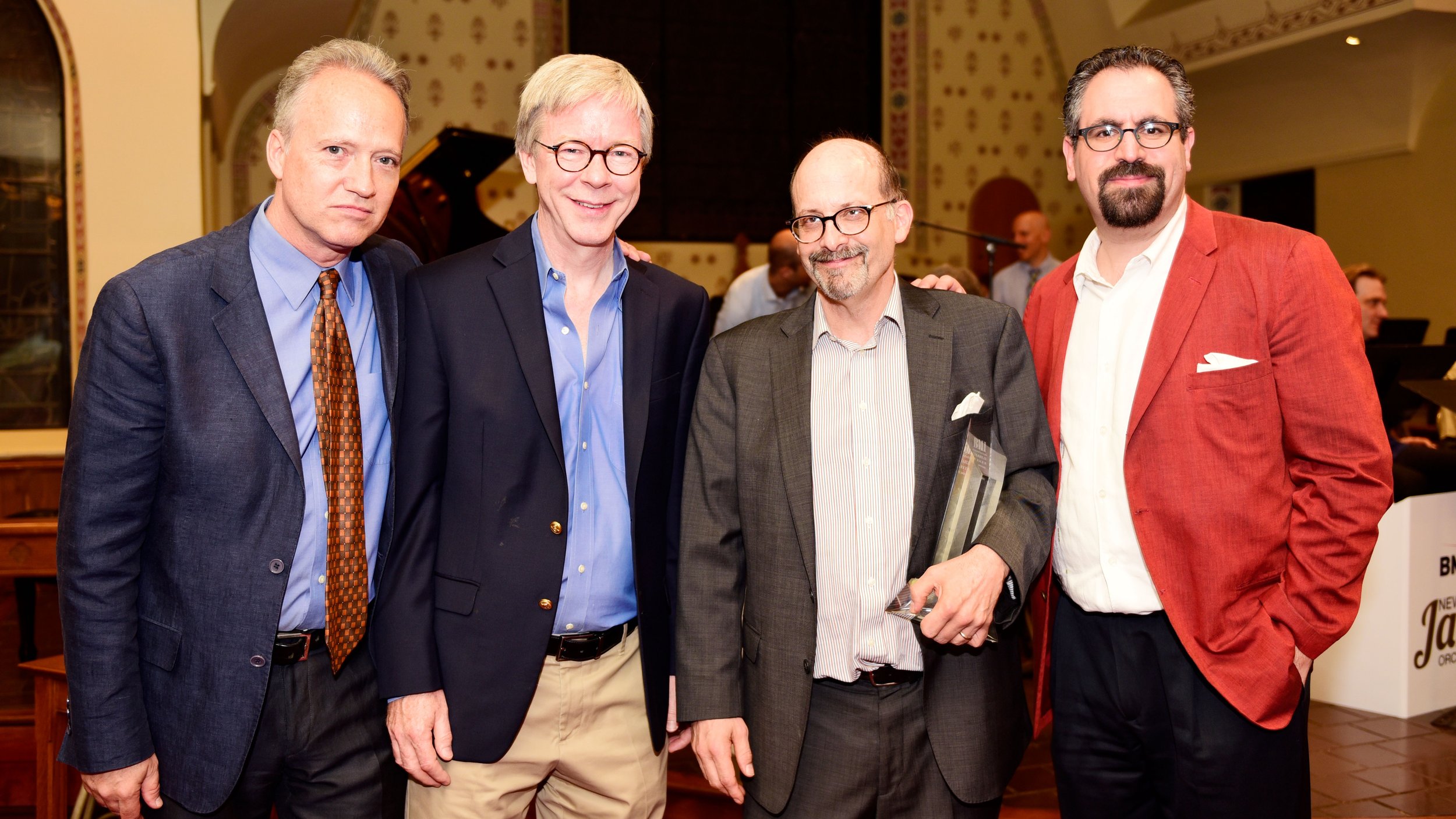  (L-R) BMI Jazz Composers Workshop Associate Musical Director Ted Nash, BMI Director of Musical Theatre and Jazz and BMI Foundation Board Member Pat Cook, 2016 Charlie Parker Prize Winner Dan Block, and BMI Jazz Composers Workshop Musical Director An