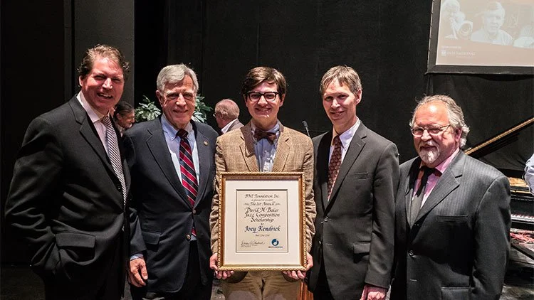  L-R: IU Jacobs School of Music Dean Gwyn Richards, BMIF Advisory Panelist Robbin Ahrold, 2016 David N. Baker Jazz Composition Scholarship winner Joey Kendrick, IU Jazz Studies Department Chair Tom Walsh, IU Professor of Jazz Studies Pat Harbison. Ph