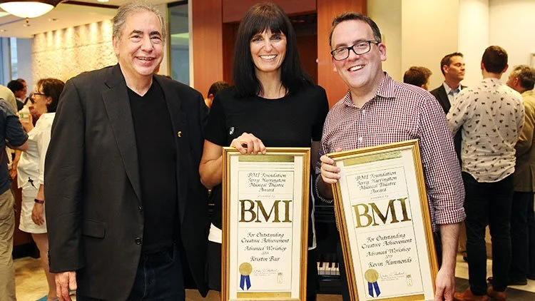  BMI Lehman Engel Musical Theatre Workshop Committee member Frank Evans, Harrington Award winners Kristin Bair and Kevin Hammonds. 