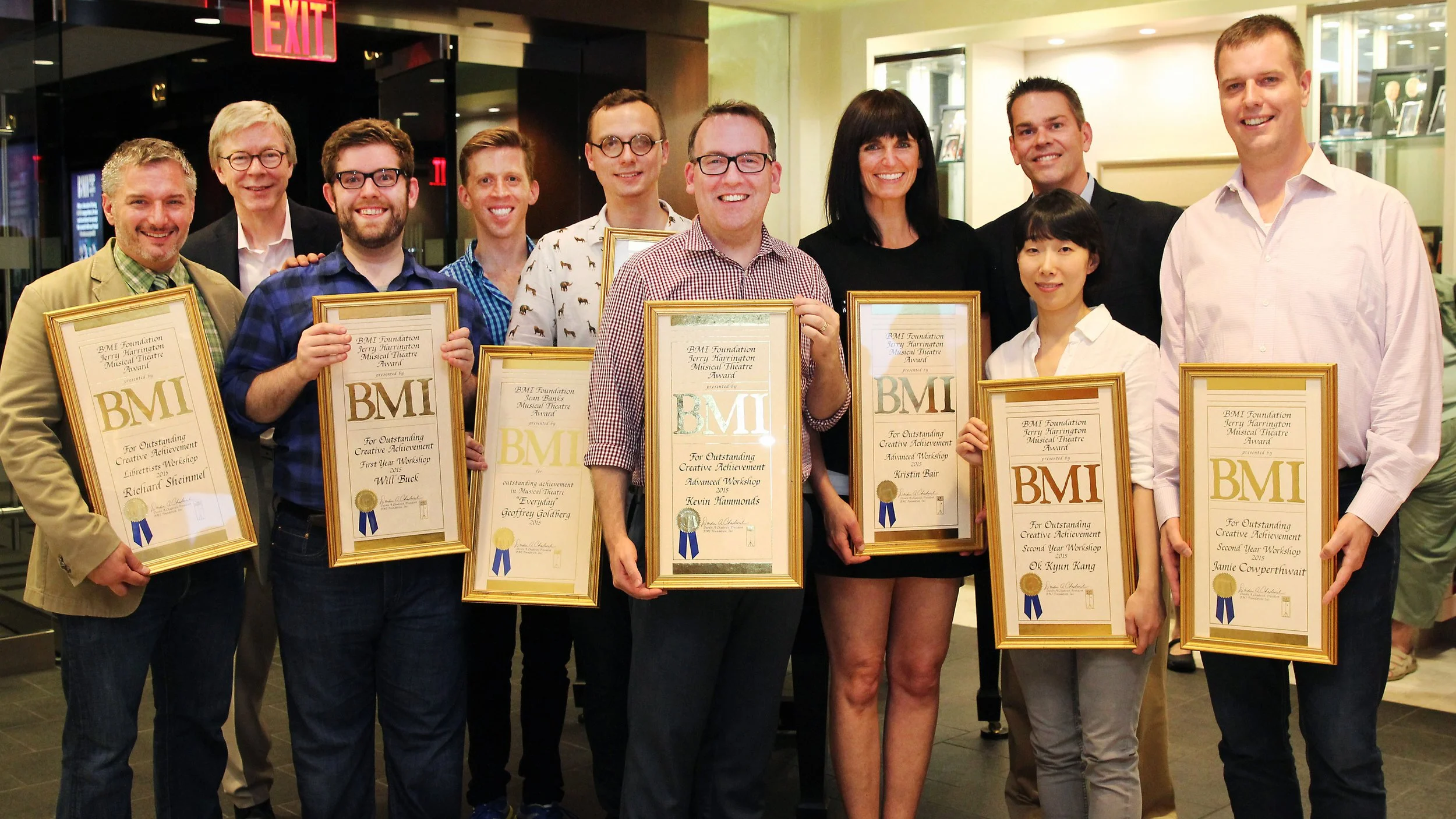  Harrington Award winner Richard Sheinmel, BMI Foundation’s Pat Cook, Harrington Award winner Will Buck, Jean Banks Award winners Geoffrey Goldberg &amp; Joseph Allred Olson, Harrington Award winners Kevin Hammonds &amp; Kristin Bair, BMI Foundation’