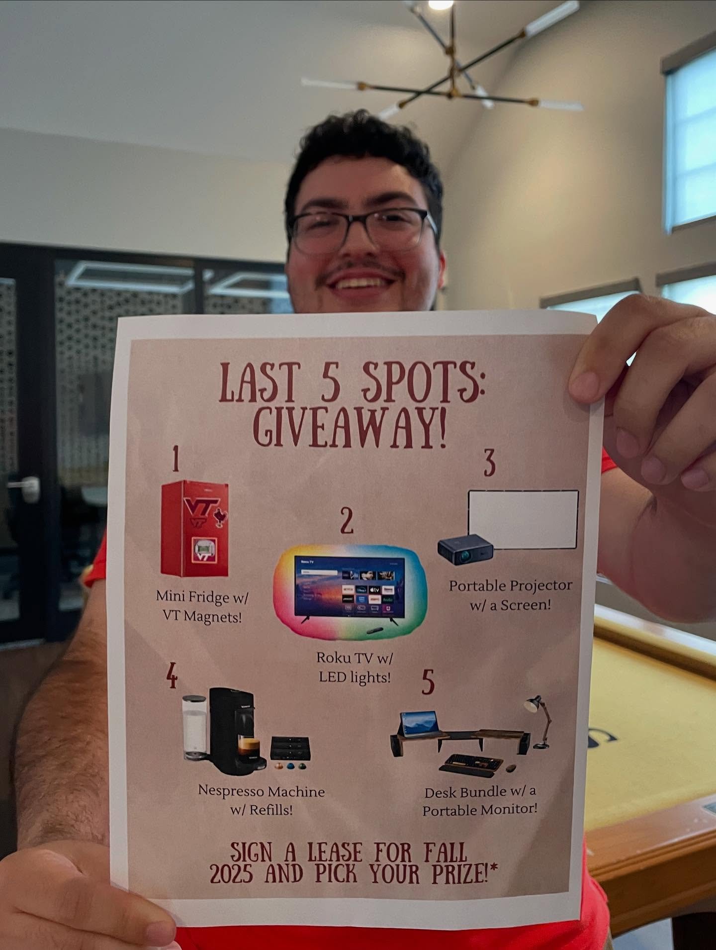 FIVE SPOTS LEFT🚨

Sign a lease with us for Fall 2025 and have your pick of our prize bundles!*💻☕️ AND be entered in to win our entertainment cart (with an Uber gift card and downtown Blacksburg giftc certificates) ANDDDD entered to win a $500 goft 