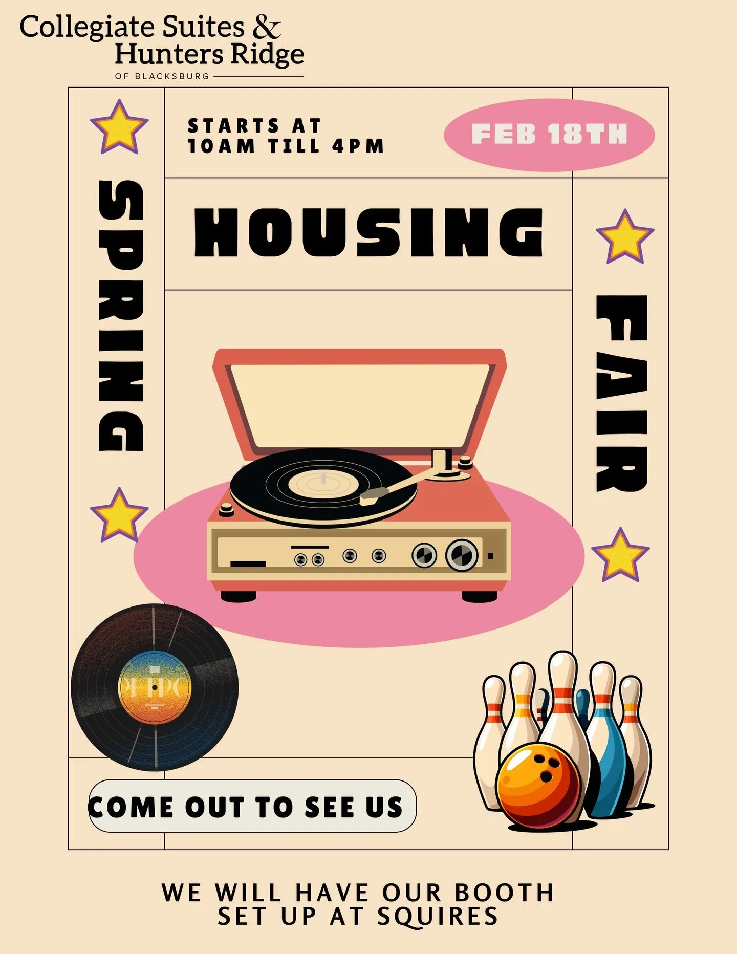 Spring housing fair is THIS WEDNESDAY 2/18!🪩

Make sure you plan to come and see our setup👀 and to have some good conversations about housing this fall!🏡
We&rsquo;ll be at Squires from 10am-4pm 🎶

#thismustbetheplace #vt #hokies #studenthousing #