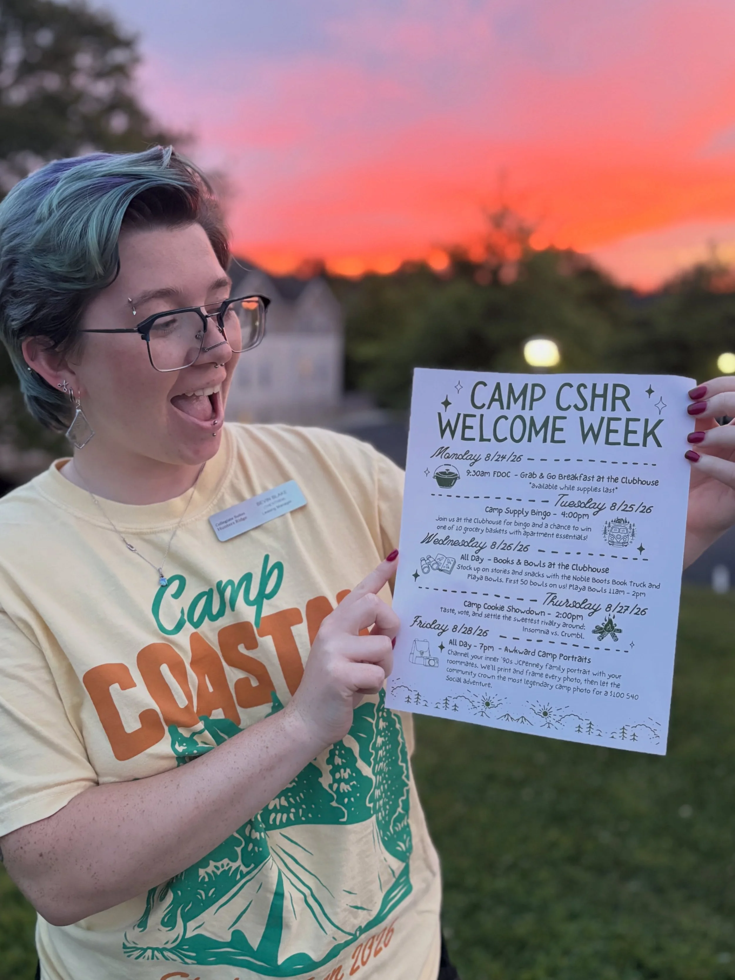 Camp Collegiate Suites and Hunters Ridge wants to welcome you home IN A WEEK with a PACKED SCHEDULE of events around the campfire!🏕️

🧇8/24: FDOC Breakfast in the clubhouse starting at 9:30am!
🎒8/25: Grocery bingo at the clubhouse beginning at 4pm