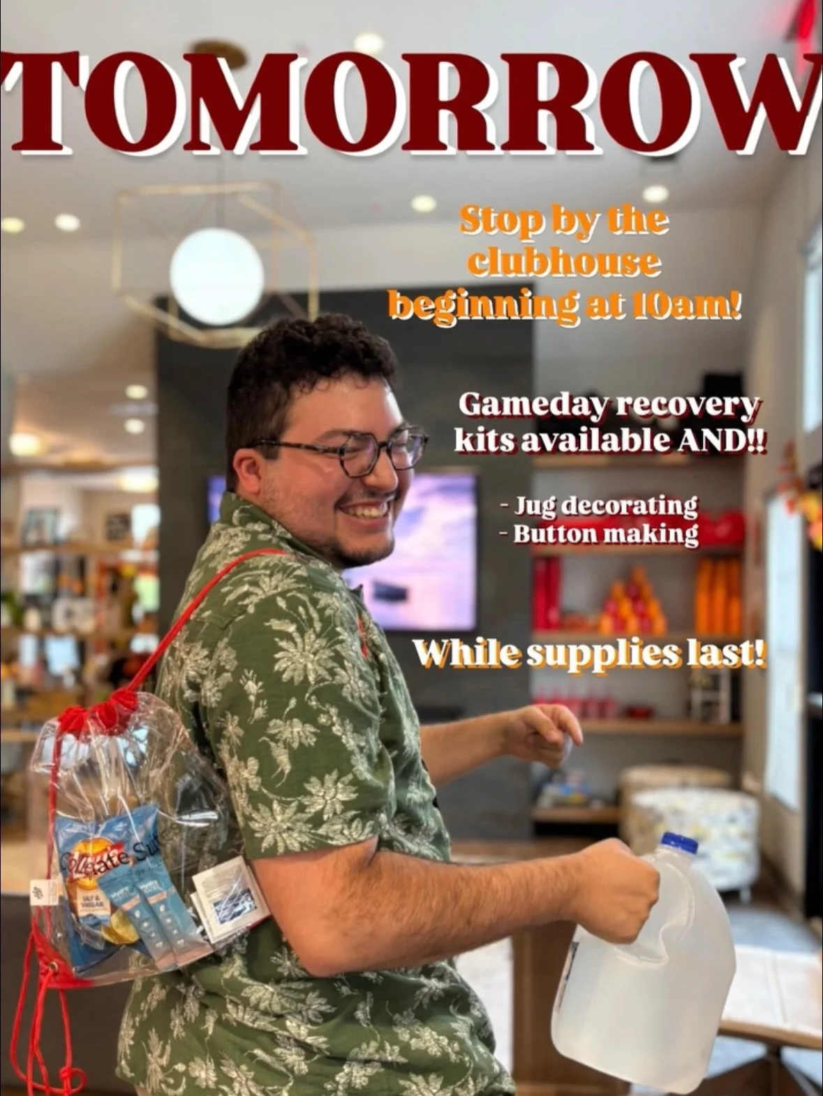 Join us TOMORROW for our gameday recovery kits🏟️

Grab a stadium-approved bag with essentials, including electrolytes and a snack!🎒Stay to decorate a jug of water to stay hydrated AND make a VT gameday button🧷🔘 Starting at 10am!

#Thismustbethepl