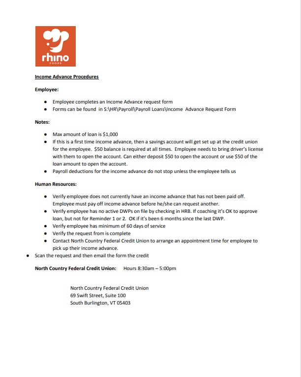 Sample Income Advance Human Resource Procedure — Rhino Foods Foundation