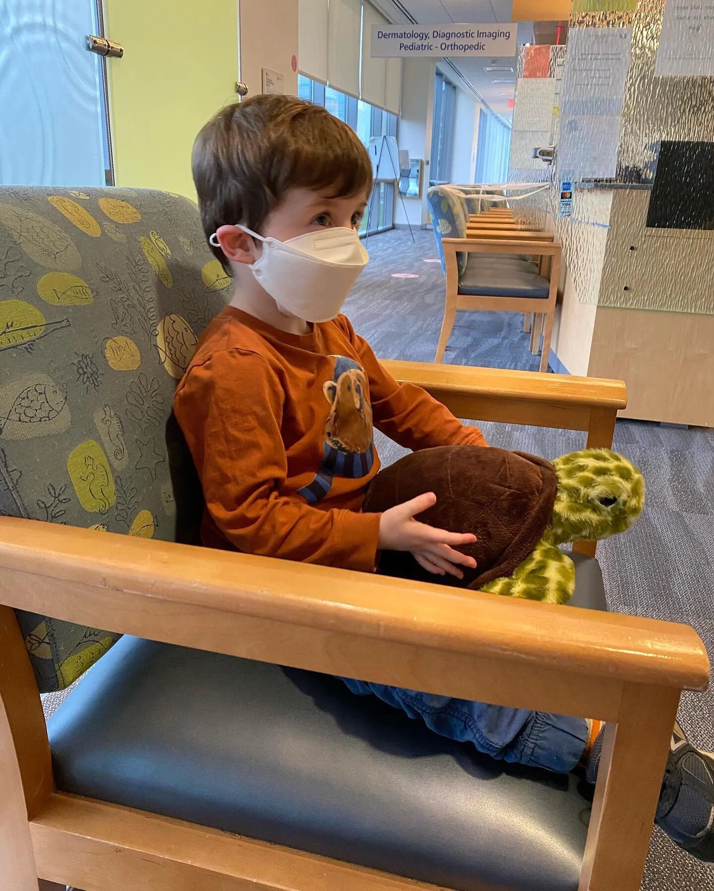 1/6/22: After a nerve racking 3 hour drive in icy conditions yesterday with more accidents seen than I could count, Teddy and I safely made it to his annual Duchenne clinic visit at UMASS. He was brave as always with his stuffy Shell by his side. I c