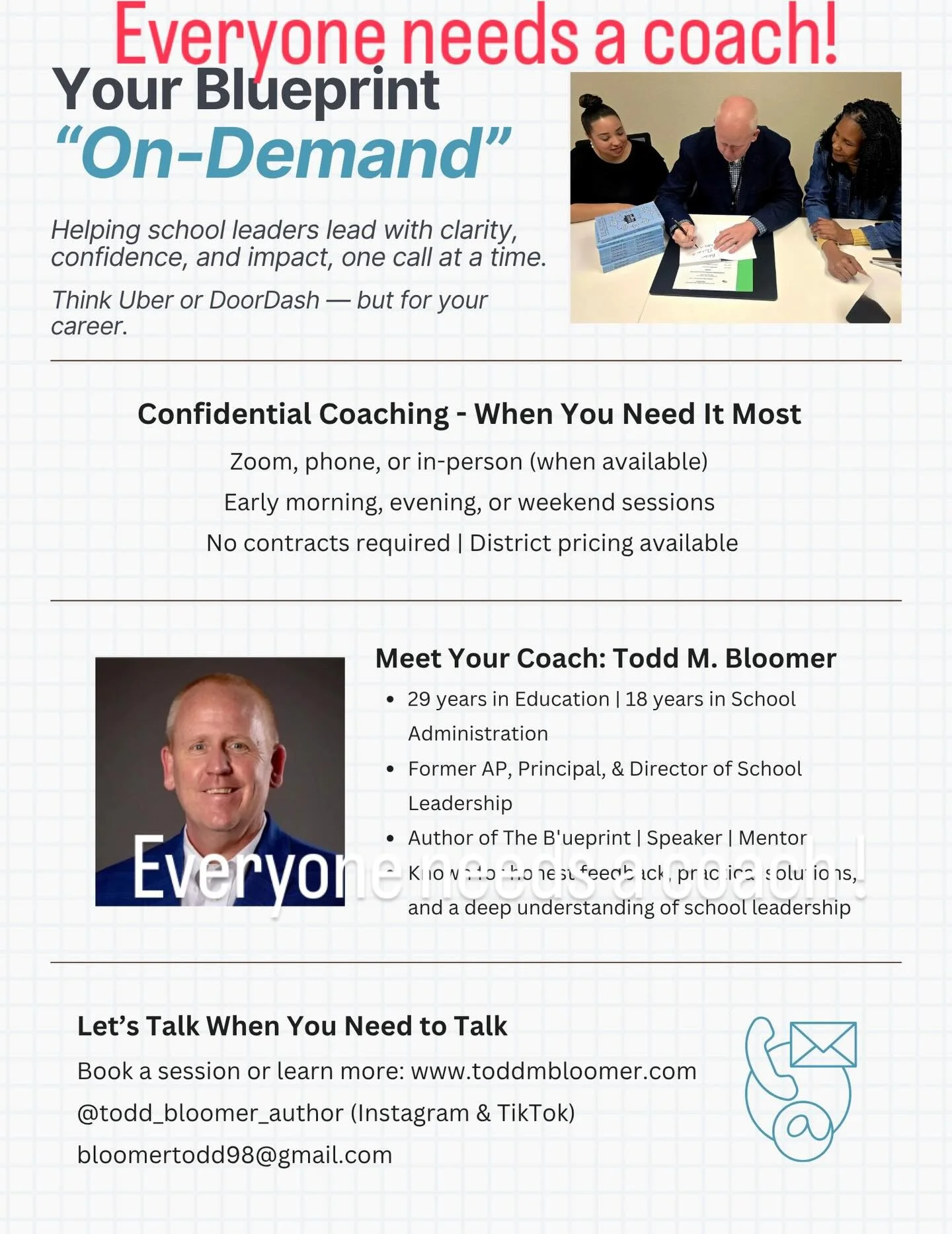 Everyone needs a coach! As an early career leader or a veteran of 25 years, let&rsquo;s set up a time to talk about how my coaching philosophy and approach is unique &amp; beneficial to you. With specific plans that meet your needs, I provide - inter