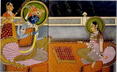Krishna and Radha playing chaturanga on an 8x8 Ashtāpada, Wikimedia Commons.