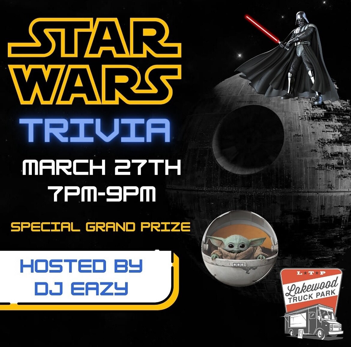 STAR WARS TRIVIA IS TOMORROW!!!🎉
Grab all your fans and come compete for a special grand prize!😉 Starts at 7pm with your host DJ EAZY!!