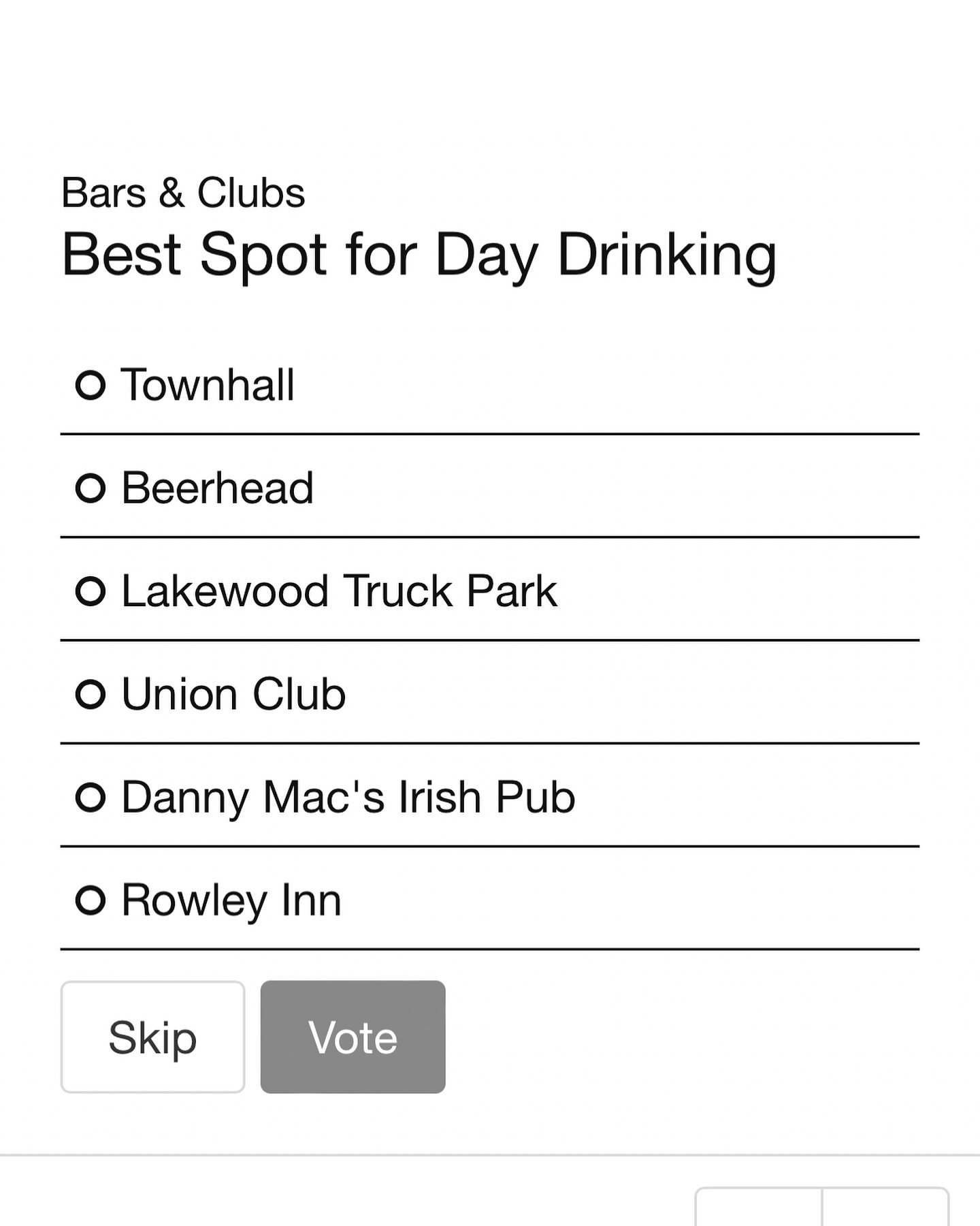 WHERE MY DAY DRINKING PEOPLE AT?!🍻
Patio space&hellip;.food trucks&hellip;.. happy hour&hellip;. Dog friendly&hellip;? Not swaying your vote but iykyk 🤷🏼&zwj;♀️
Go vote for the best day drinking spot!