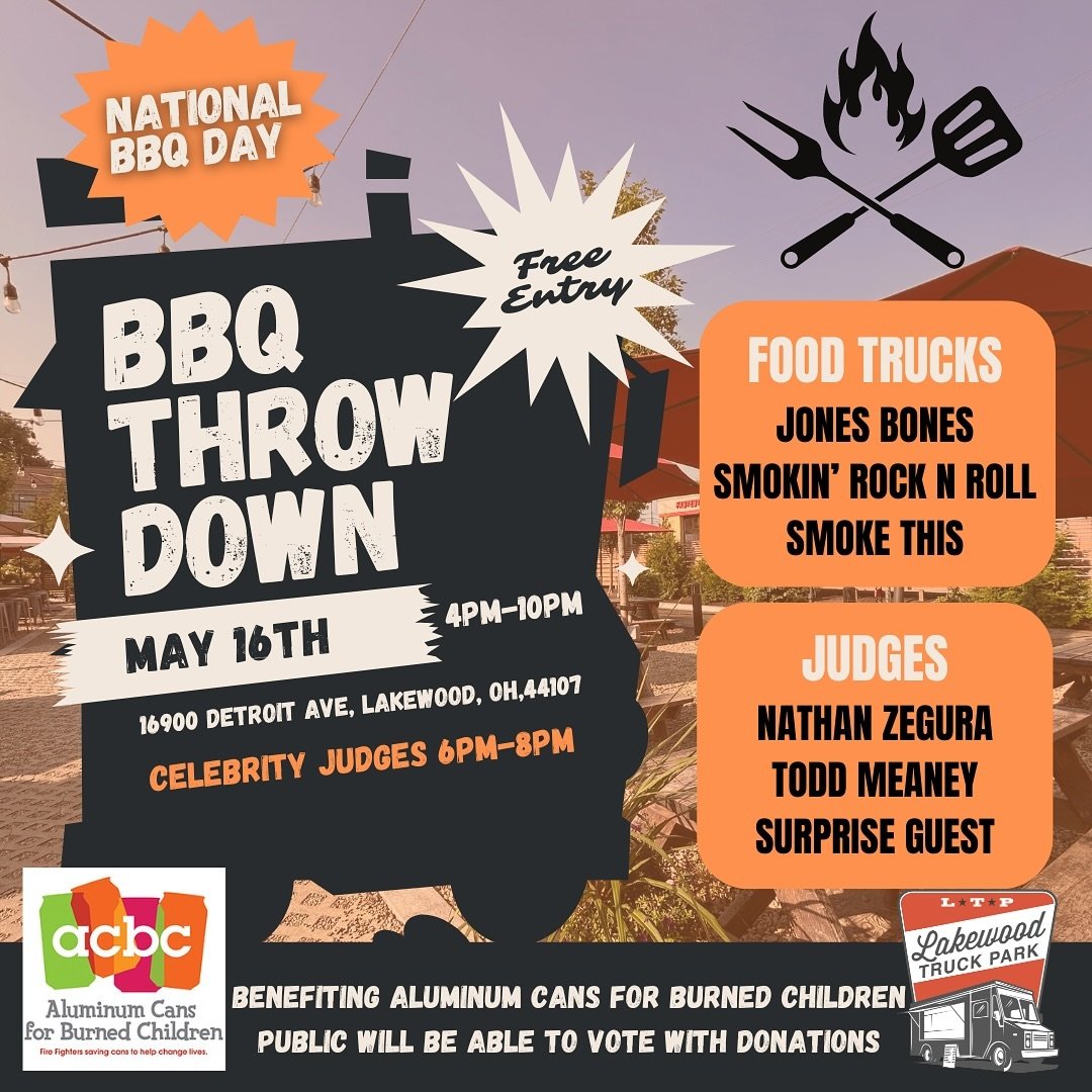 NATIONAL BBQ DAY IS NEXT THURSDAY!
What better way to celebrate than a bbq throw down?!
Come out and vote your favorite truck with us!! Guests can vote based on donations. $1 is 1 vote. All donations will go towards Aluminum Cans for Burned Children 