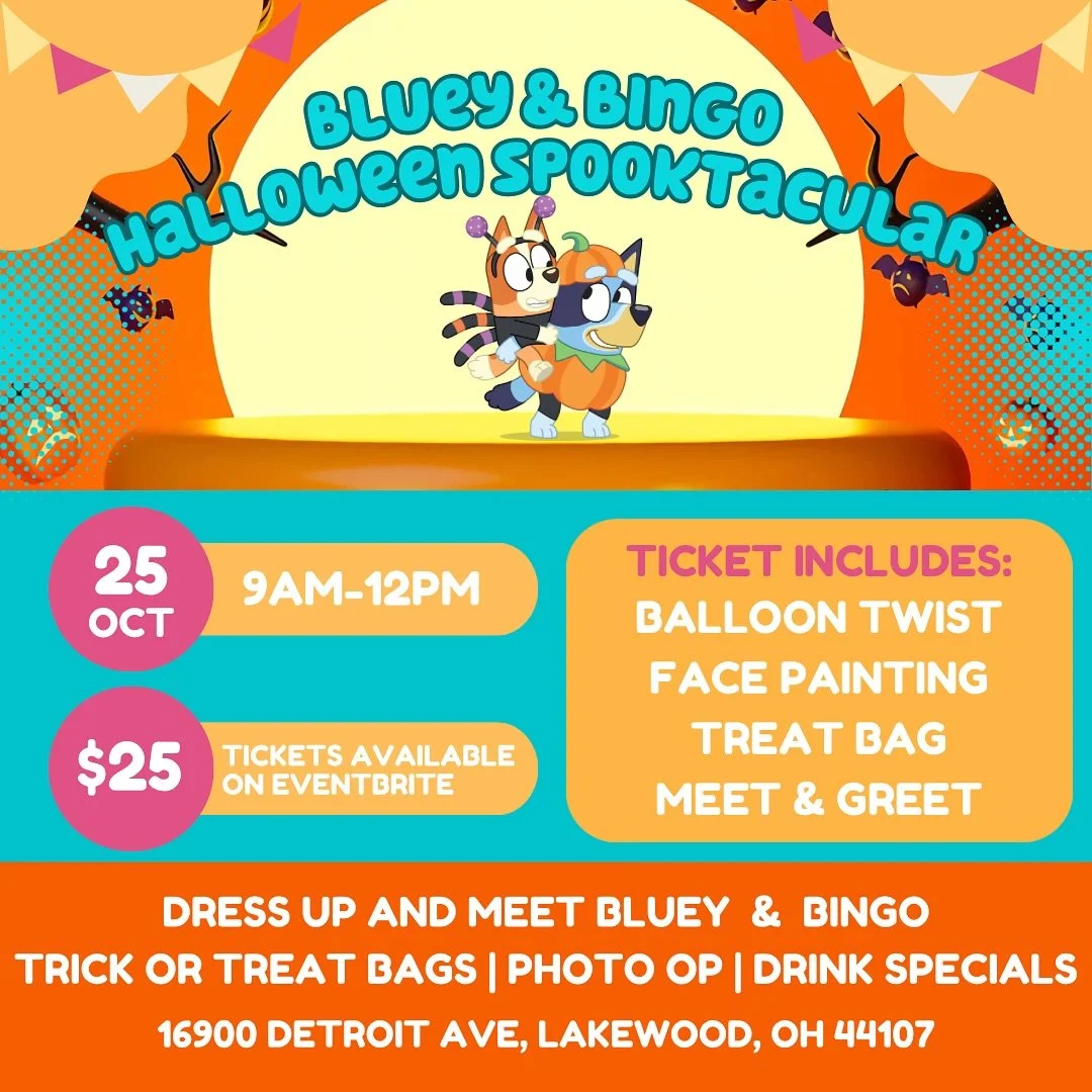 🎃 Bluey &amp; Bingo Halloween Spooktacular 🐶
Join us for a morning of family fun on Saturday, October 25th from 9AM&ndash;12PM!l
✨ Event Highlights:
Meet &amp; Greet with Bluey &amp; Bingo
Halloween treat bags for the kids
Face painting &amp; ballo