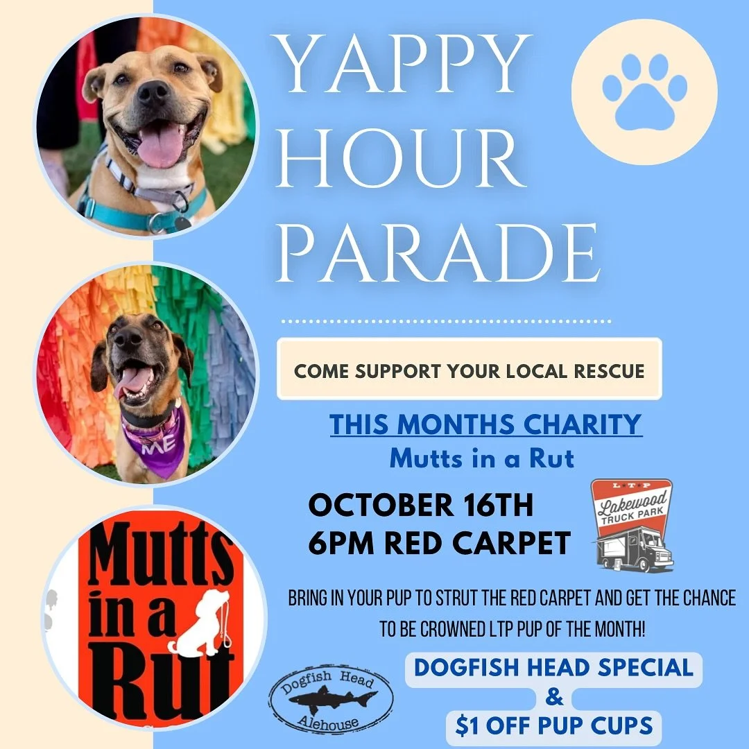 Join us this Thursday for our last yappy hour parade of the year! Come support an amazing charity and let your pup walk the red carpet to win LTP pup of the month including prizes for them and their human!🐾💜