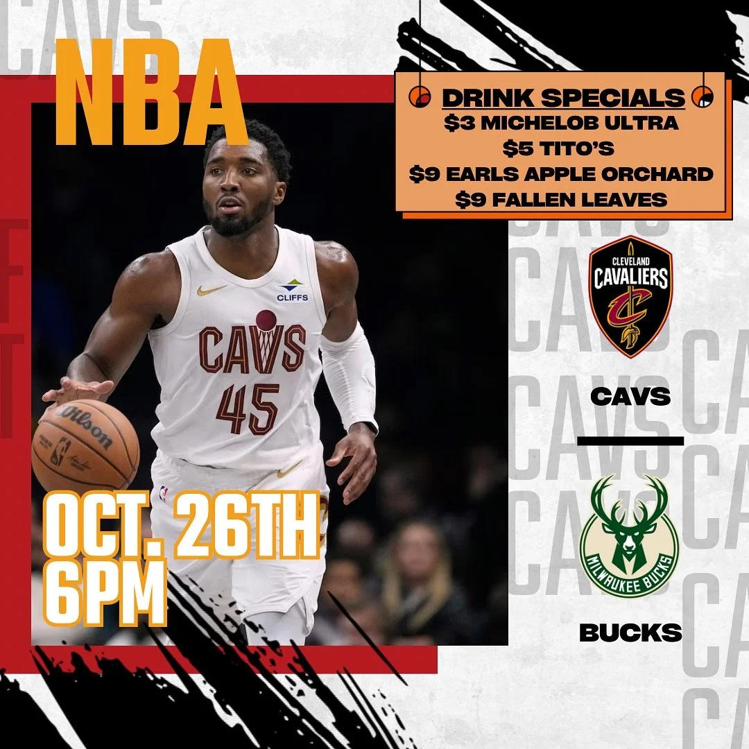 End your Sunday with us and catch the @cavs vs @bucks game on at 6pm🏀
Drink specials available every game!
