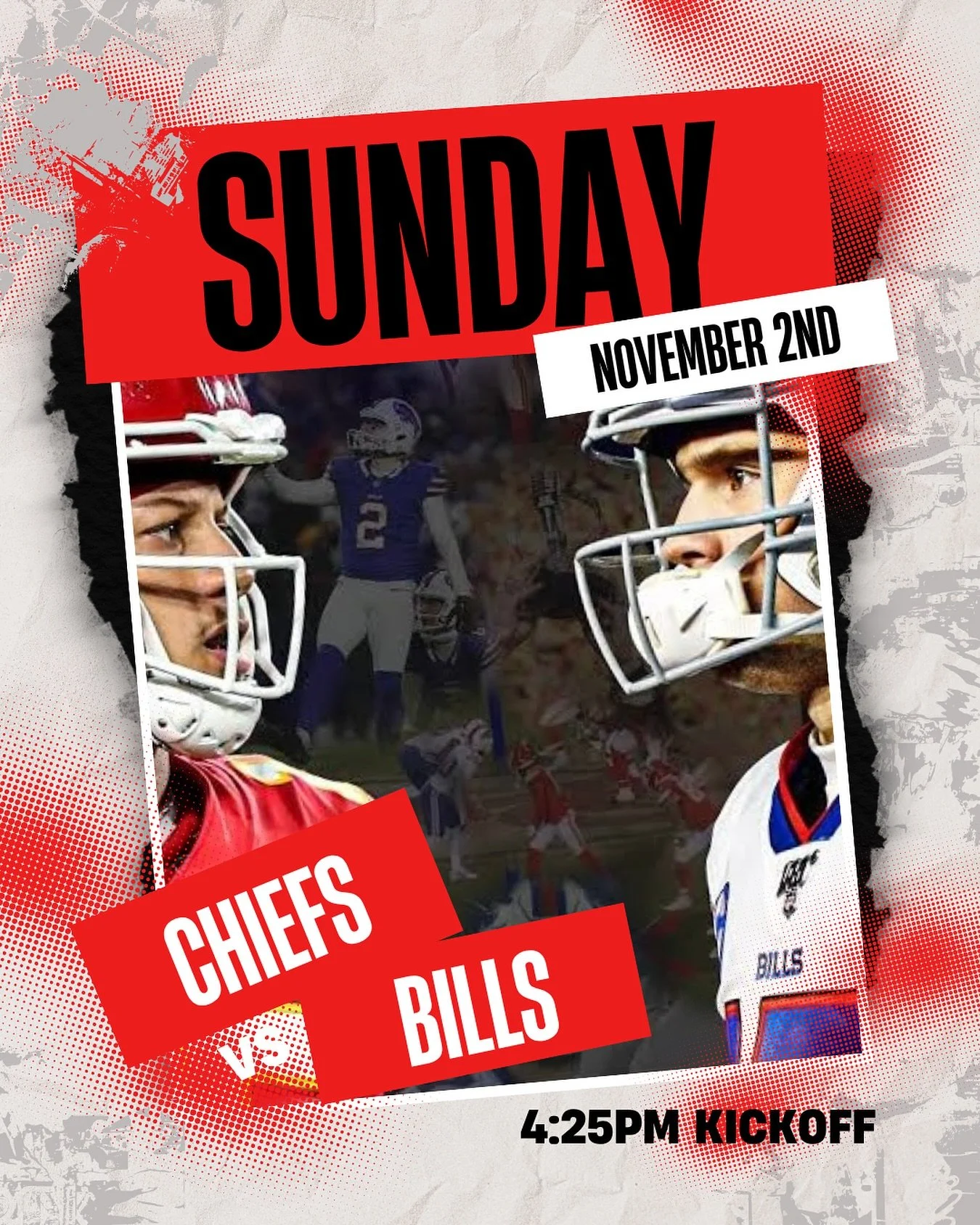 Game sound will be on today for Chiefs vs Bills game at 4:25pm! Stop in and end your Sunday with us!🏈