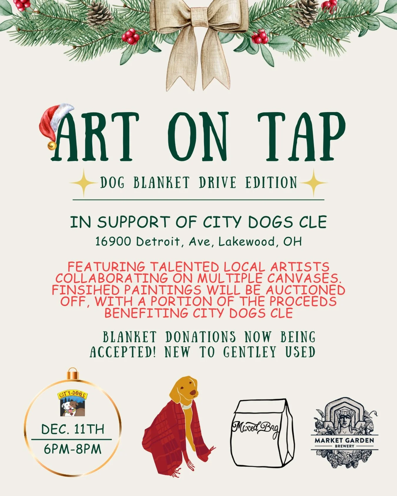 🎨 Art On Tap: Dog Blanket Drive Edition 🐾
December 11th &bull; 6PM&ndash;8PM
Join us for a special night of creativity, community, and giving back! Local Lakewood artists will come together to create rotating, collaborative canvases. Each artist ad