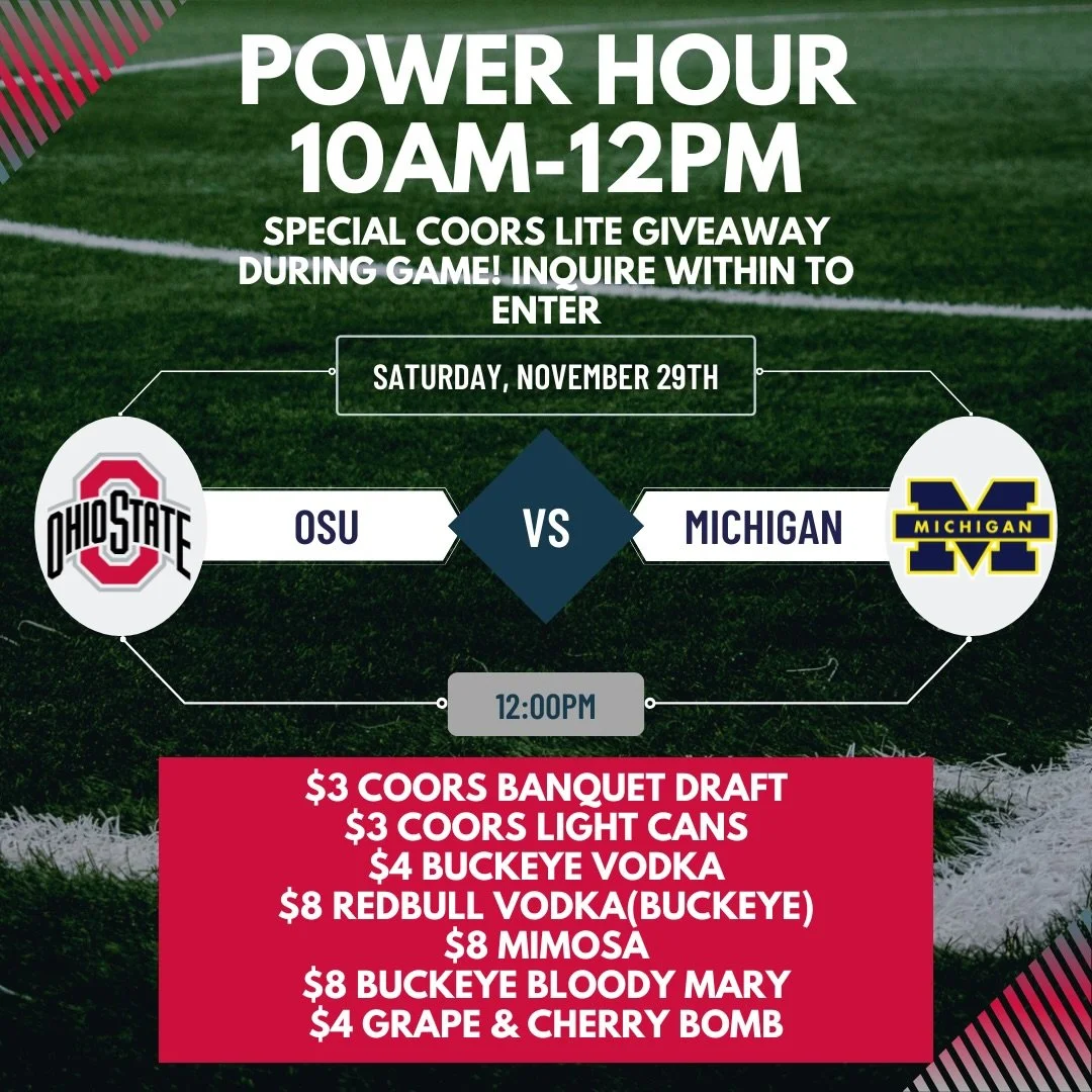 Get ready for the biggest rivalry of the year! We&rsquo;re opening early for a Power Hour from 10am&ndash;12pm to kick things off right. Settle into the action and cheer on your team with great vibes, cold drinks, and good company. We&rsquo;ll see yo