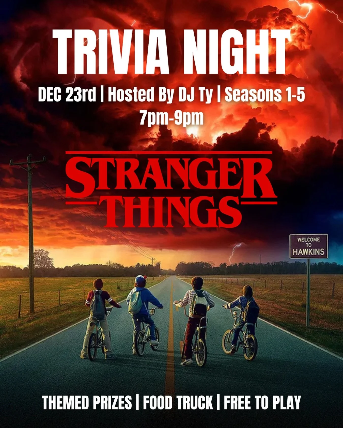 Where are all my Stranger Things Fans at?!
We&rsquo;re hosting a special trivia night later this month!
SPOILER ALERT 🚨 
Some questions will be from season 5 so you better catch up!!
Free to play, food trucks and prizes every round🎉