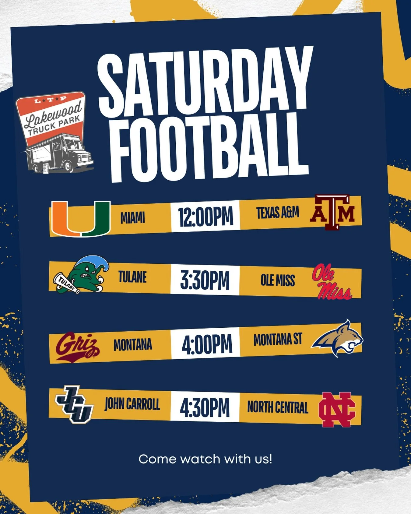 We have a Saturday full of football!🏈
Let us host and enjoy food from local trucks and cold drinks at the bar!🎉
