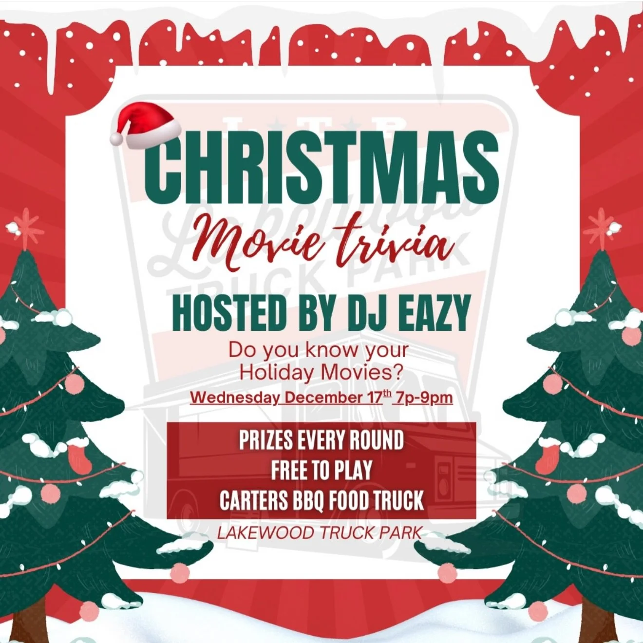 🎄🎬 Christmas Movie Trivia Night 🎬🎄
Join us tonight from 7pm-9pm for a festive Christmas Movie Trivia Night hosted by DJ Eazy! Test your knowledge of classic and modern holiday films for a chance to win themed prizes. Enjoy great vibes, cold drink