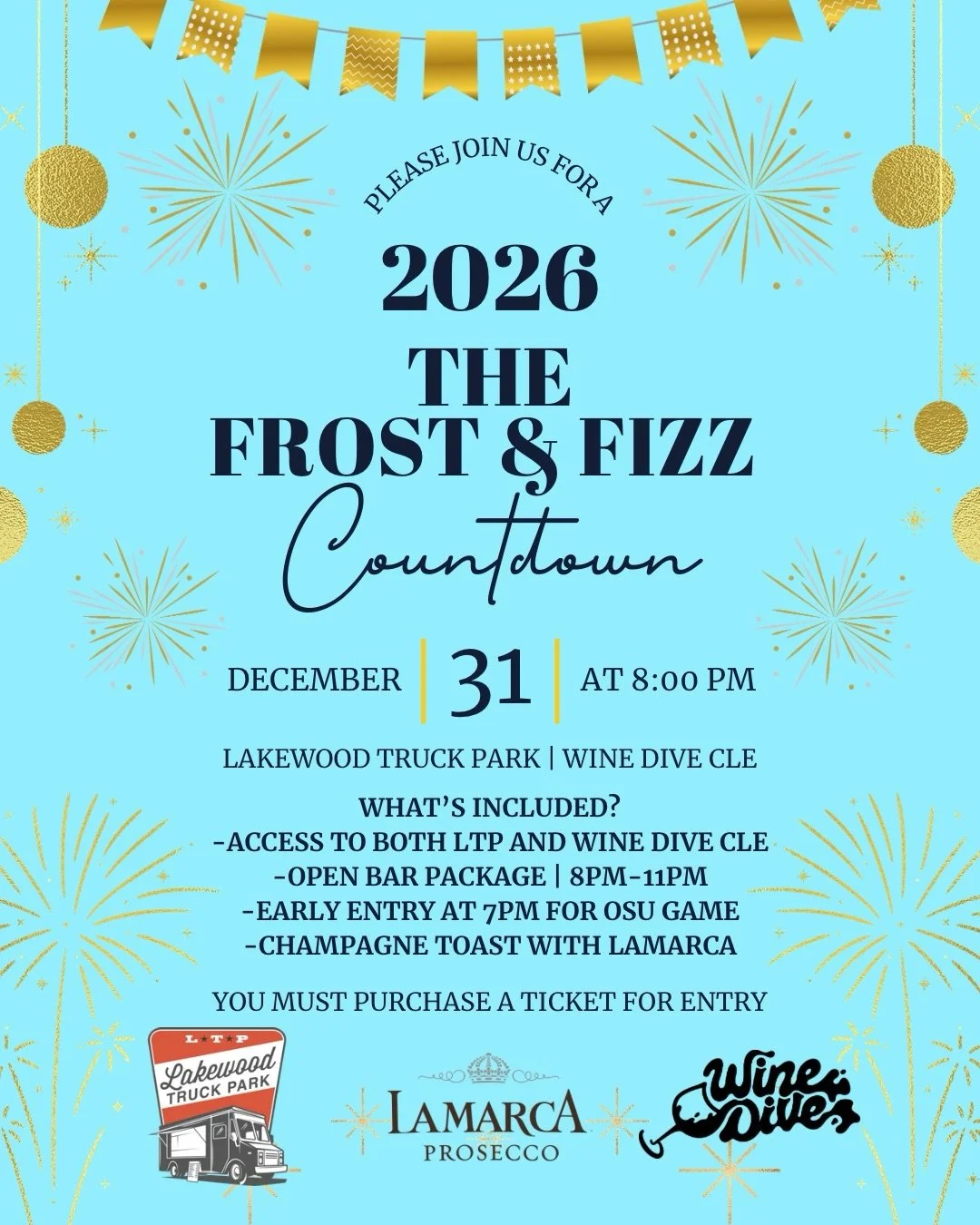 SWIPE FOR ADDED GIVEAWAY!
❄️✨ The Frost &amp; Fizz Countdown NYE 2026✨❄️
December 31st &bull; Starts at 8pm
Ring in the New Year in sparkling style! Lakewood Truck Park and Wine Dive CLE are teaming up to bring you the ultimate two-bar celebration! B