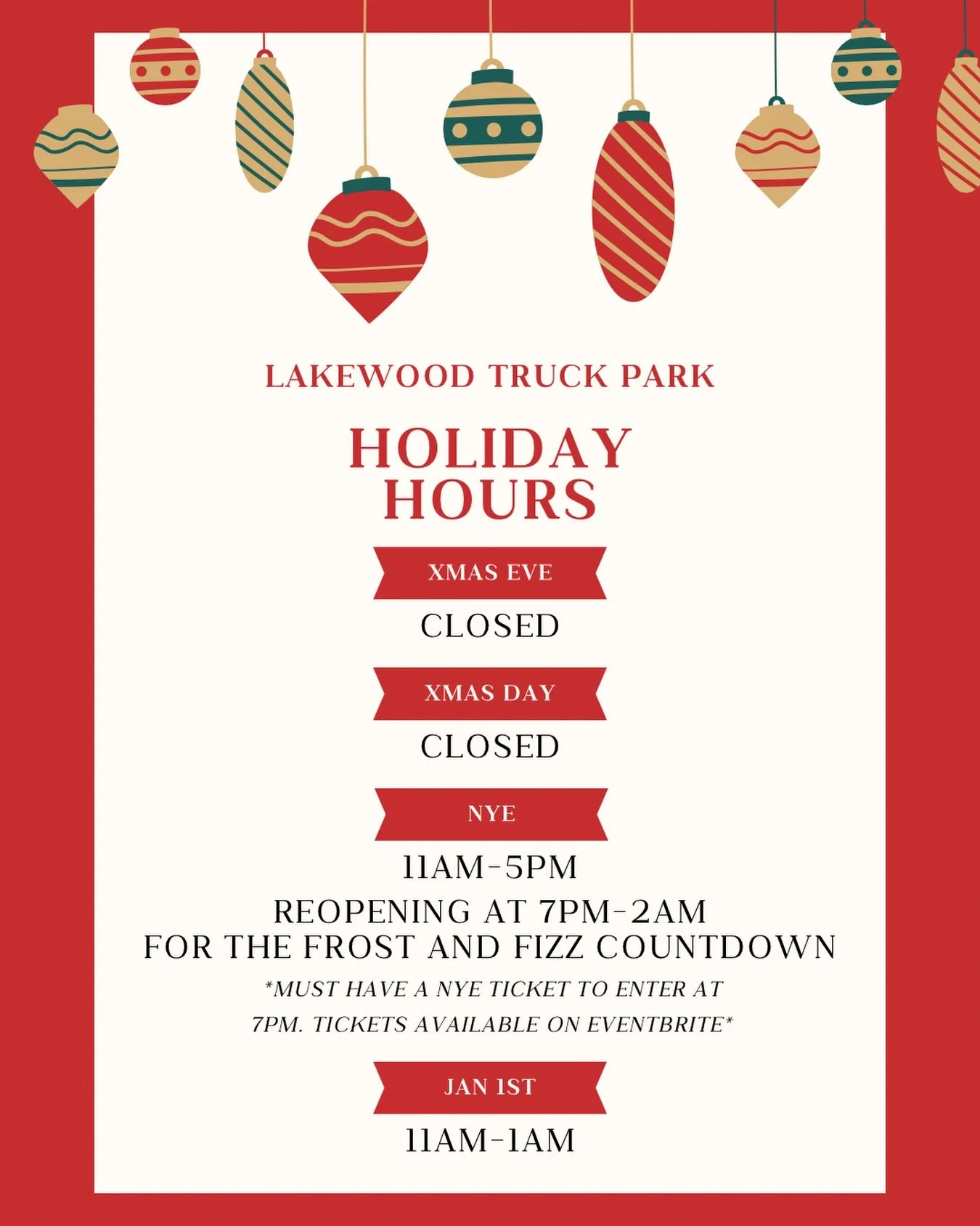 Reminder for the Holidays! We hope everyone enjoys their time with family and we hope to see you on NYE for the frost and fizz countdown!🎉🎄